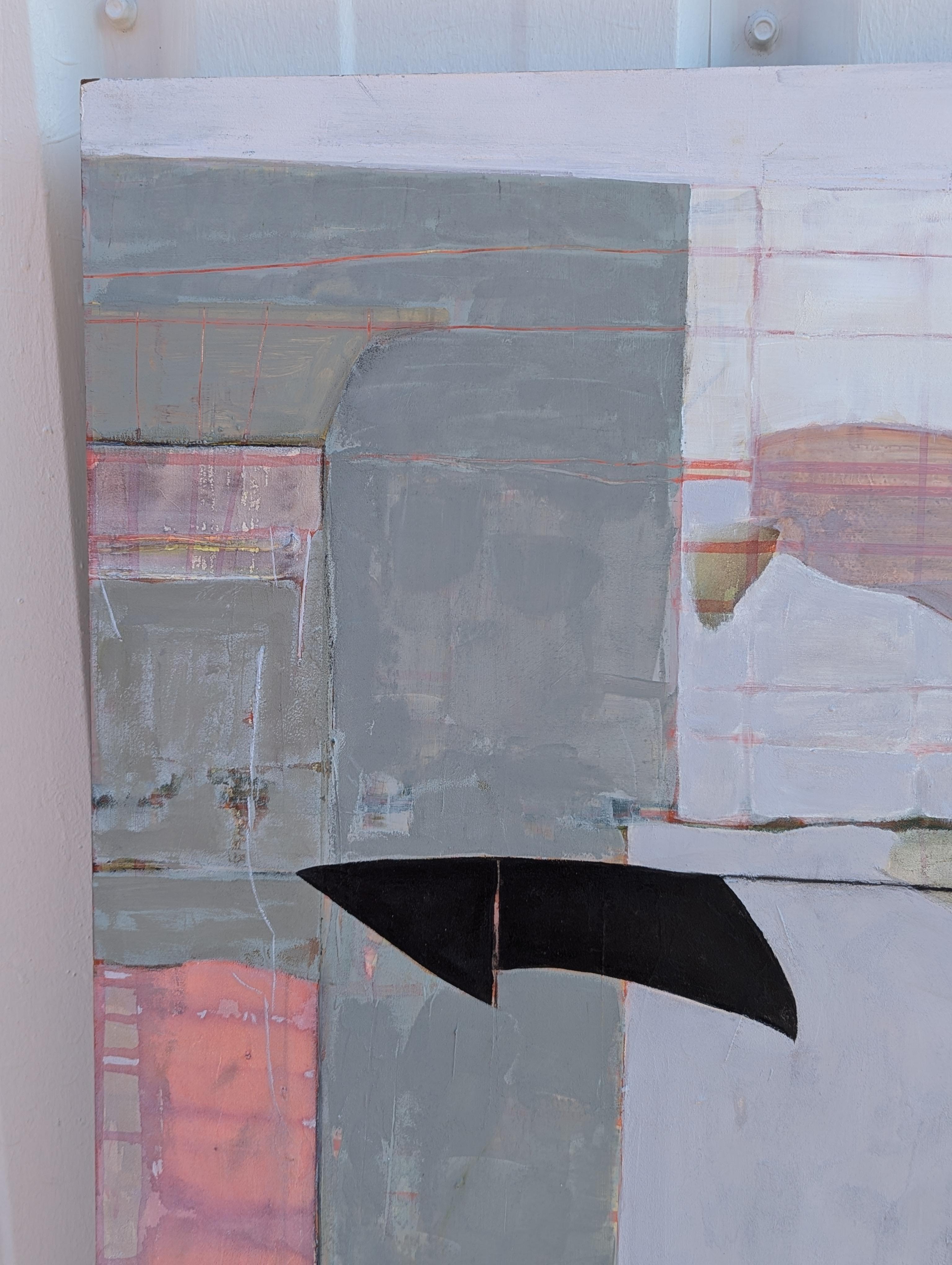 Contemporary pastel toned abstract painting by Houston based artist Kristen Anton. The work features grey, pink, brown, and orange blocks of color accented with layers of brushwork. Signed, titled, and dated on the reverse. Currently unframed, but