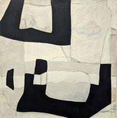 "Paper Field Study" Peinture contemporaine abstraite de paysage en noir, blanc et fauve