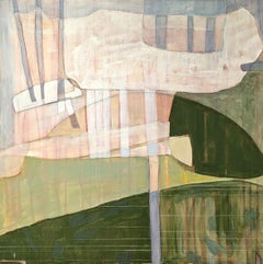 "Safe To Take A Step Out" Contemporary Pink &Green Abstract Landscape Painting