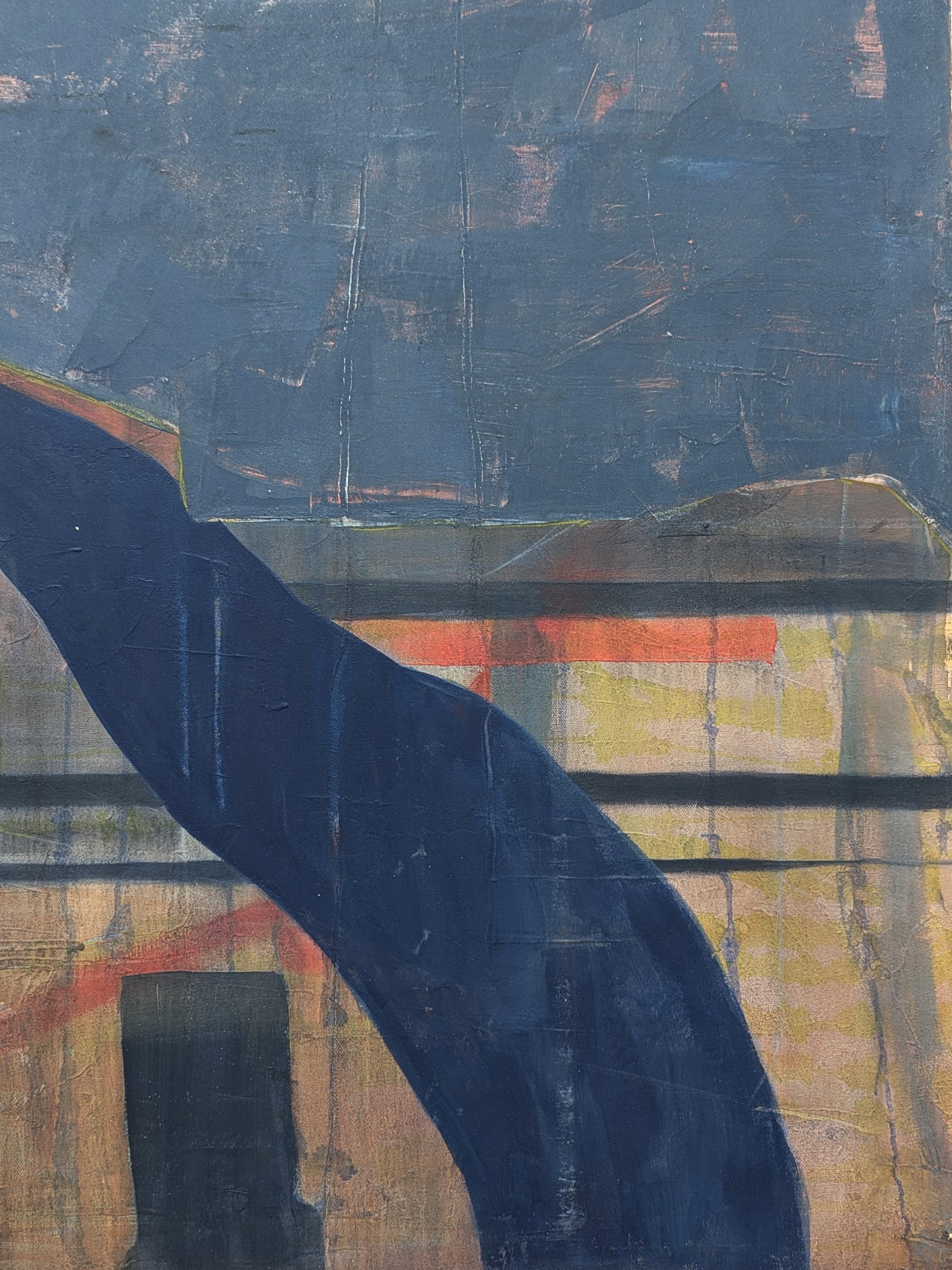 Peinture abstraite contemporaine aux tons pastel de l'artiste Kristen Anton, basée à Houston. L'œuvre présente des blocs de couleur rose et marine accentués par des couches de travail au pinceau. Signé, titré et daté au verso. Actuellement non