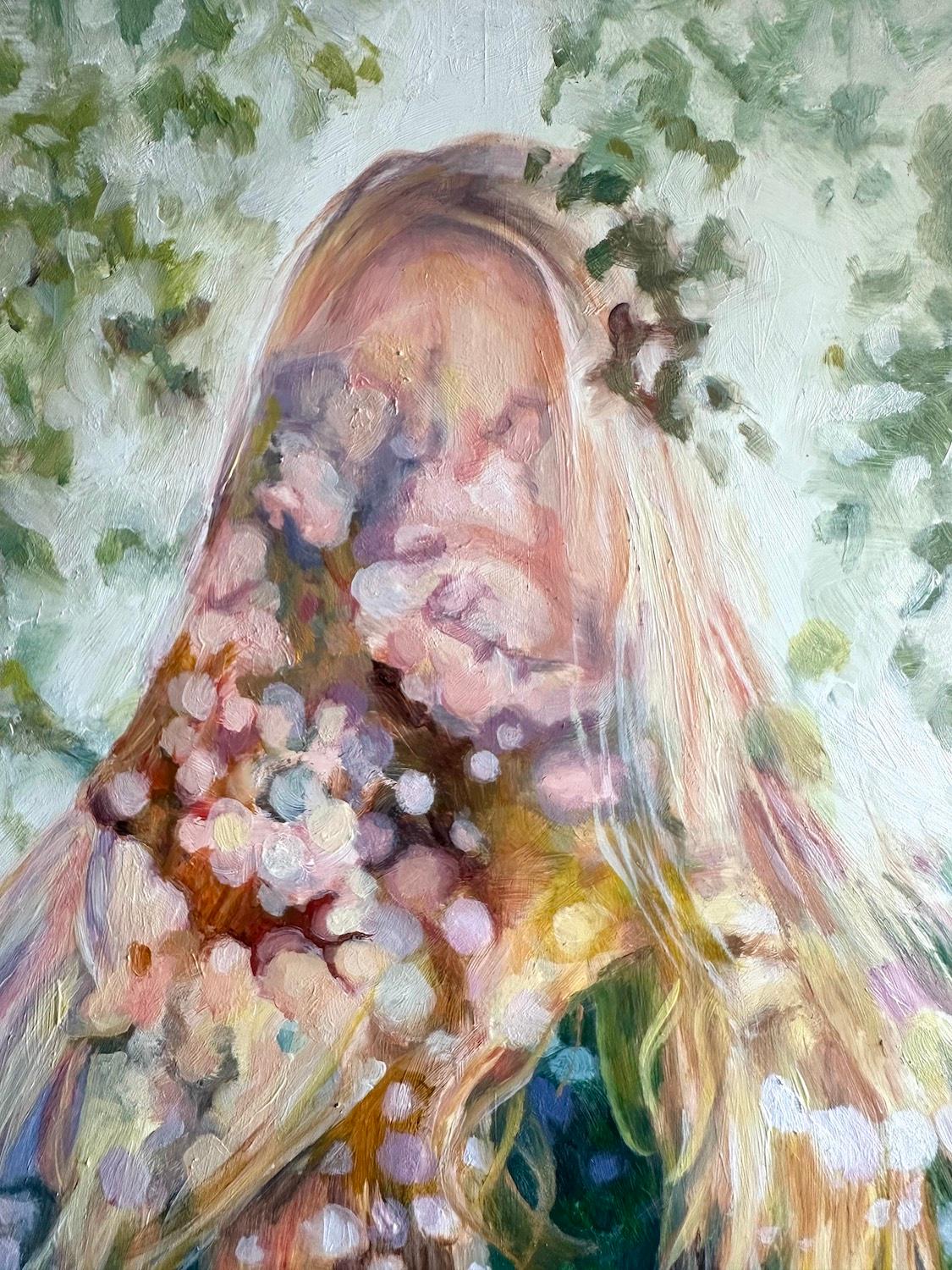 <p>Commentaires de l'artiste<br>L'artiste Kristen Brown représente la figure ambiguë d'une femme aux cheveux longs. Les flous mouchetés créent du dynamisme et du charisme dans ce portrait rêveur. Des motifs lumineux superposés et des images d'arbres