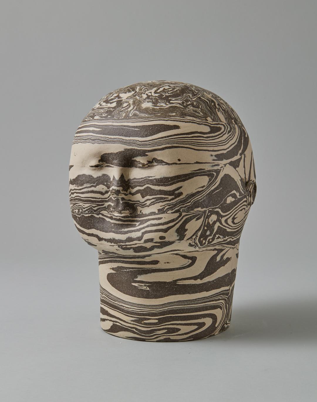 Kristen Newell Figurative Sculpture - Maybe She's Not a Straight On Type of Gal, Marbled Ceramic Head, 21st Century