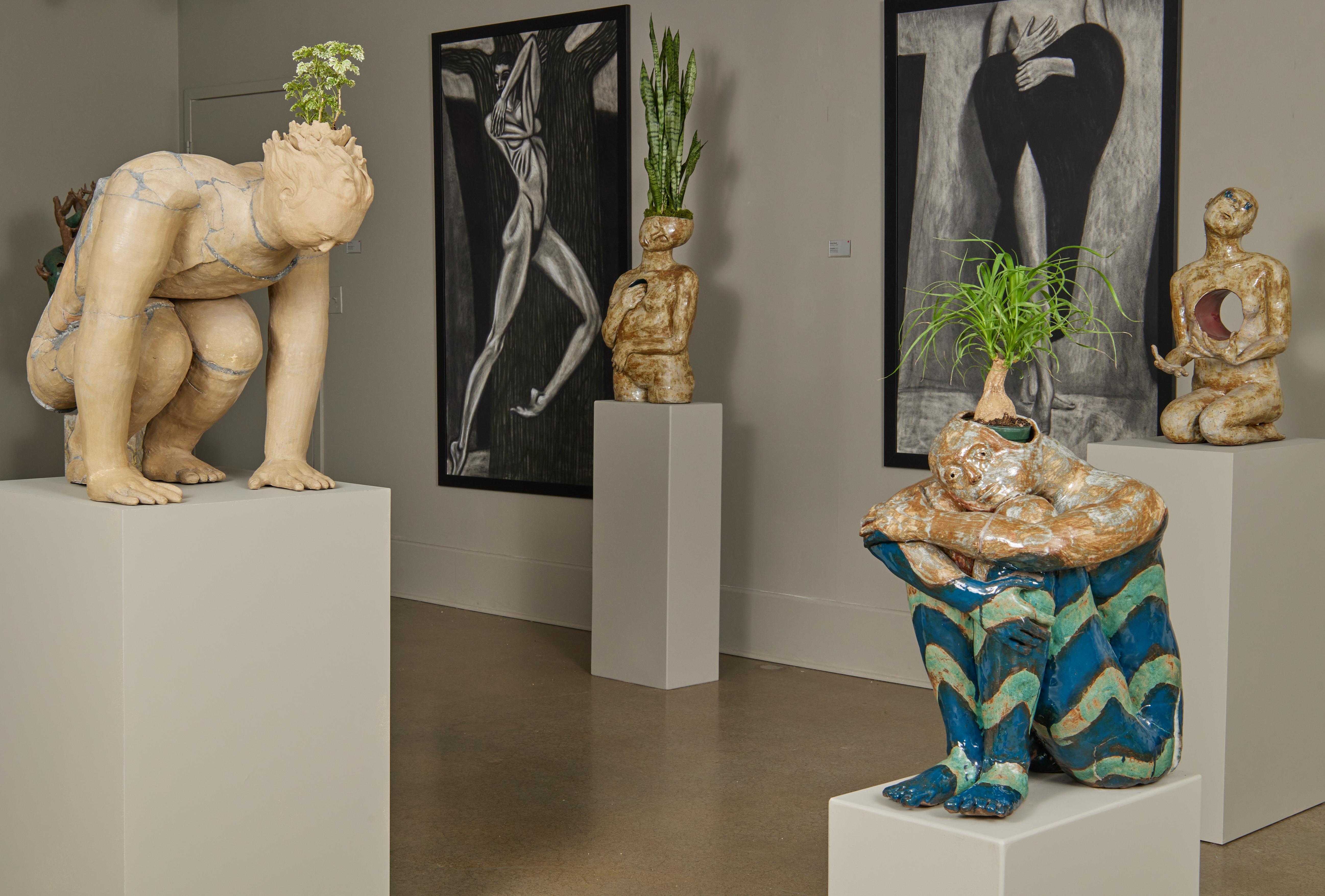 Tempering, 21st Century Contemporary Glazed Ceramic Sculpture, Kneeling Figure - Gray Figurative Sculpture by Kristen Newell