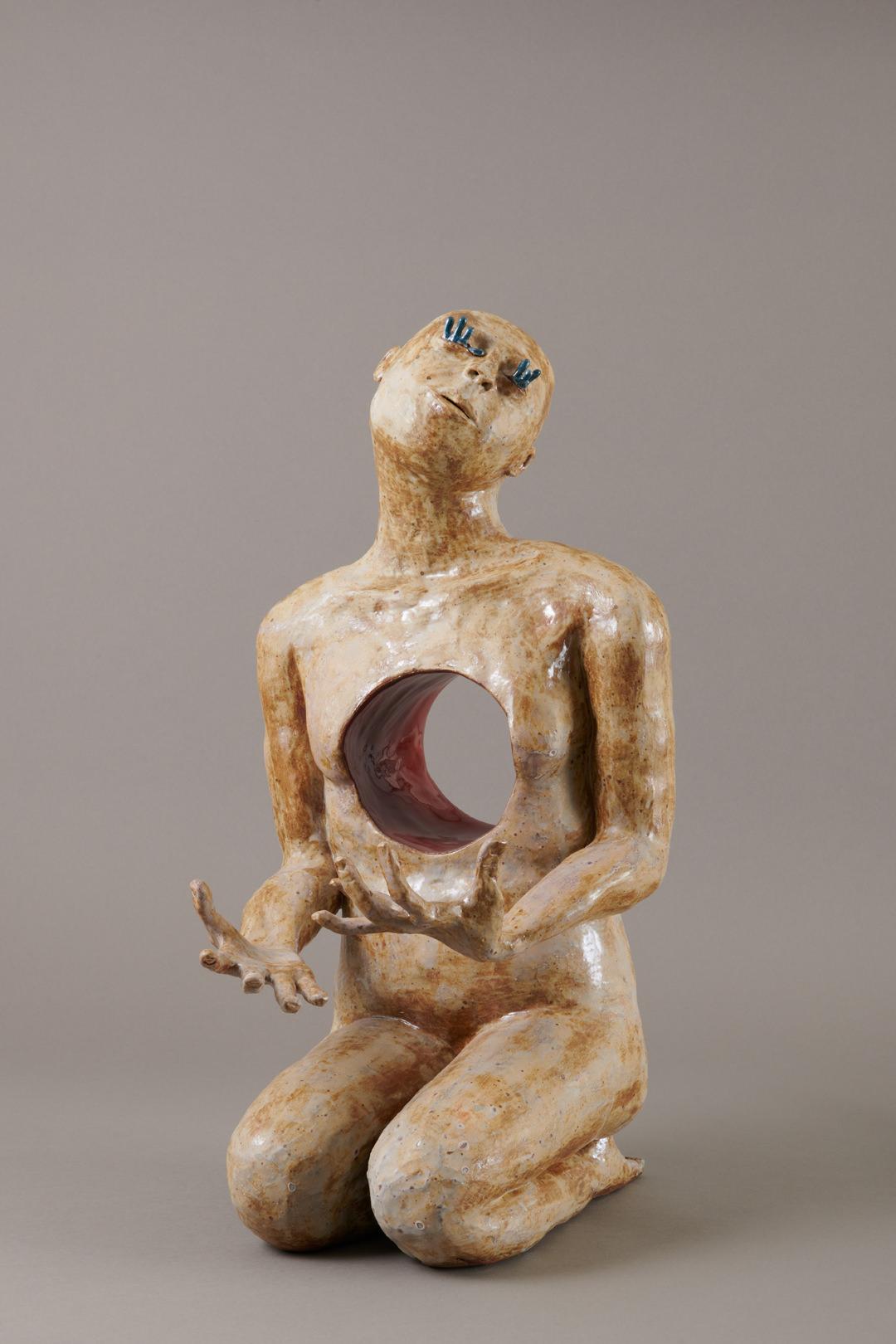 Kristen Newell Figurative Sculpture - Tempering, 21st Century Contemporary Glazed Ceramic Sculpture, Kneeling Figure