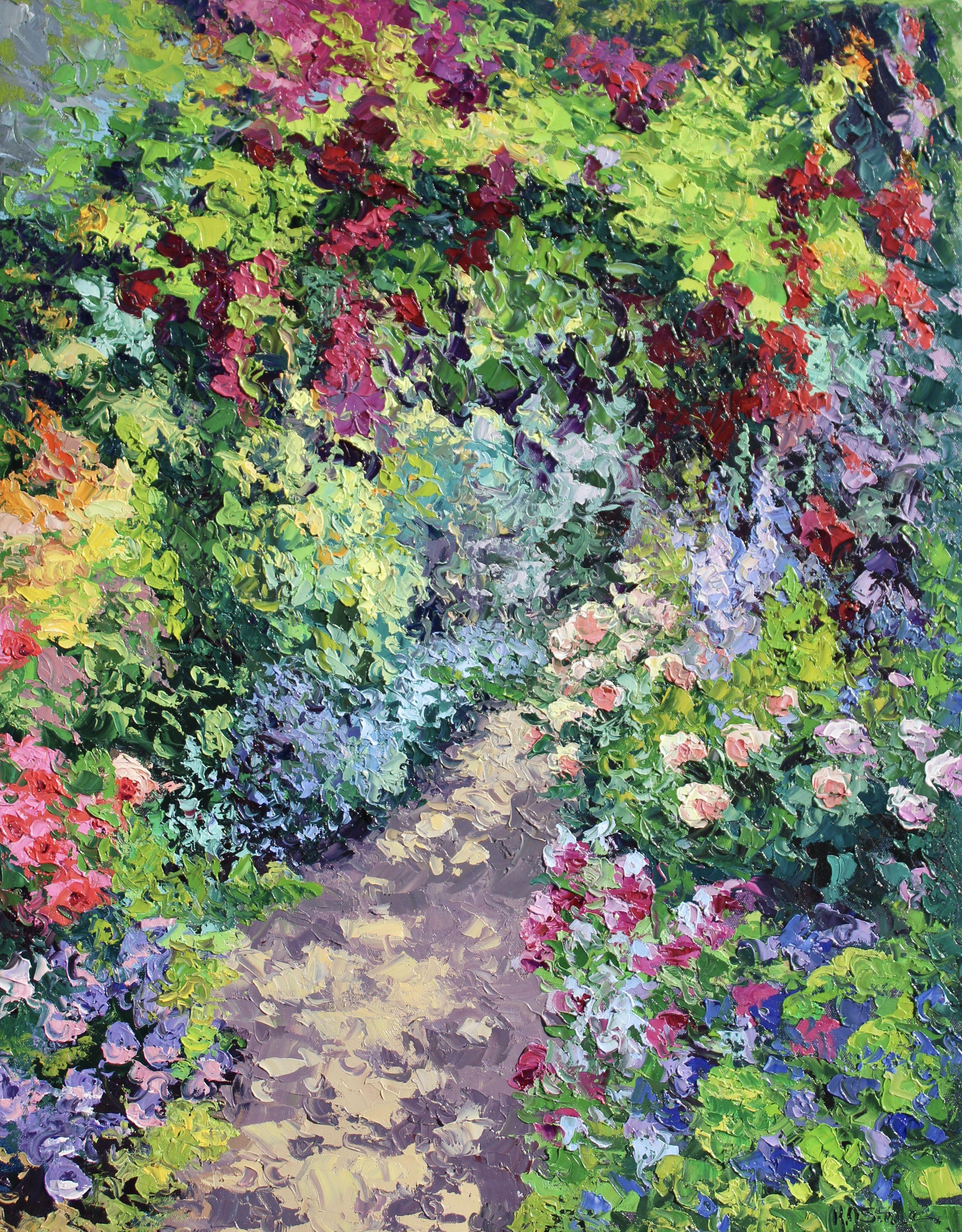 An original garden landscape textured oil painting on canvas of a garden in full bloom. Layers upon layers of thick oil paint create depth and interest in this work. This painting has a lovely sense of light and color.  This artwork ships rolled in