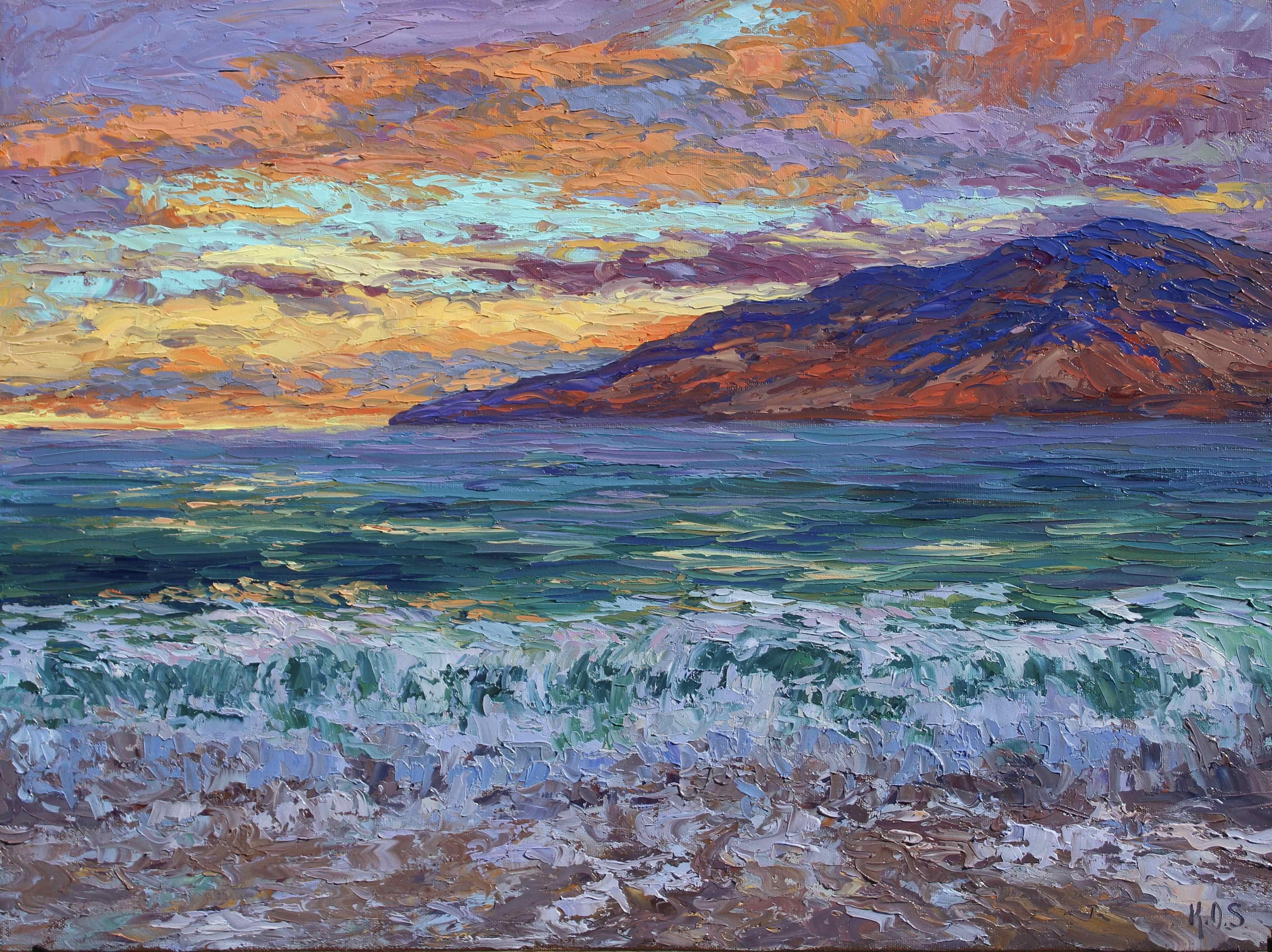 An original Maui, Hawaii seascape textured oil painting on canvas. This painting features thick strokes of paint giving the artwork a contemporary feeling. It draws you in, to look at the details of the sparkle of evening light on the open ocean,