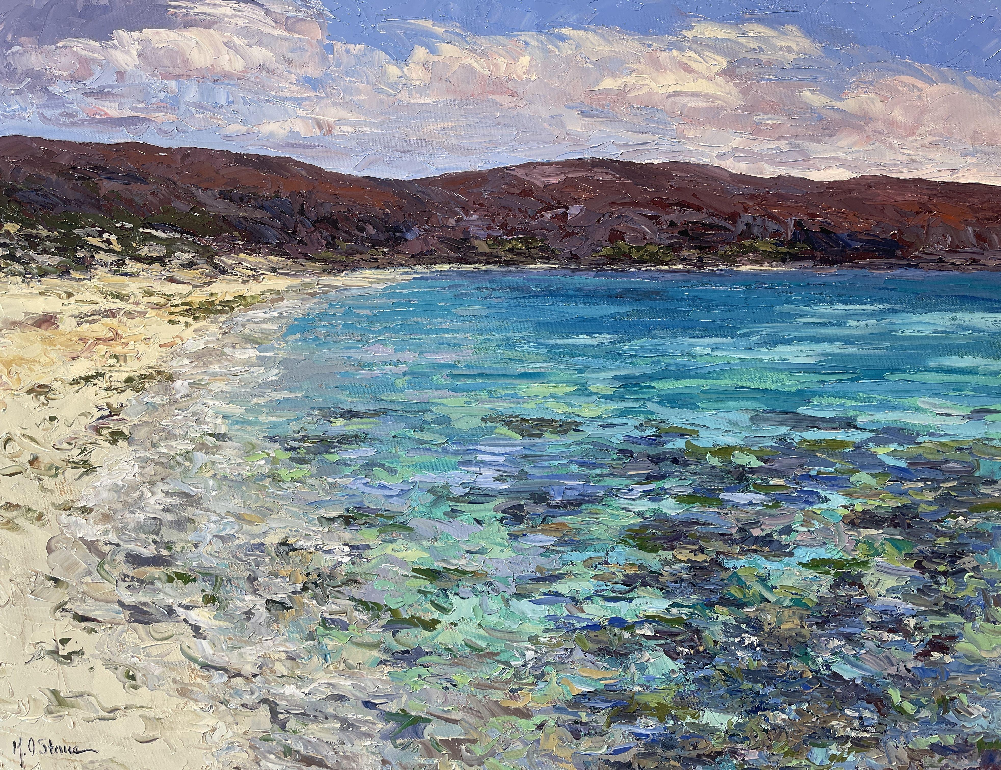 An original textured seascape oil painting of Balandra Bay, Mexico. This is one of the most beautiful bays in the world, the colors of the reef and blue water are absolutely stunning. I added layers upon layers of paint to capture the movement of