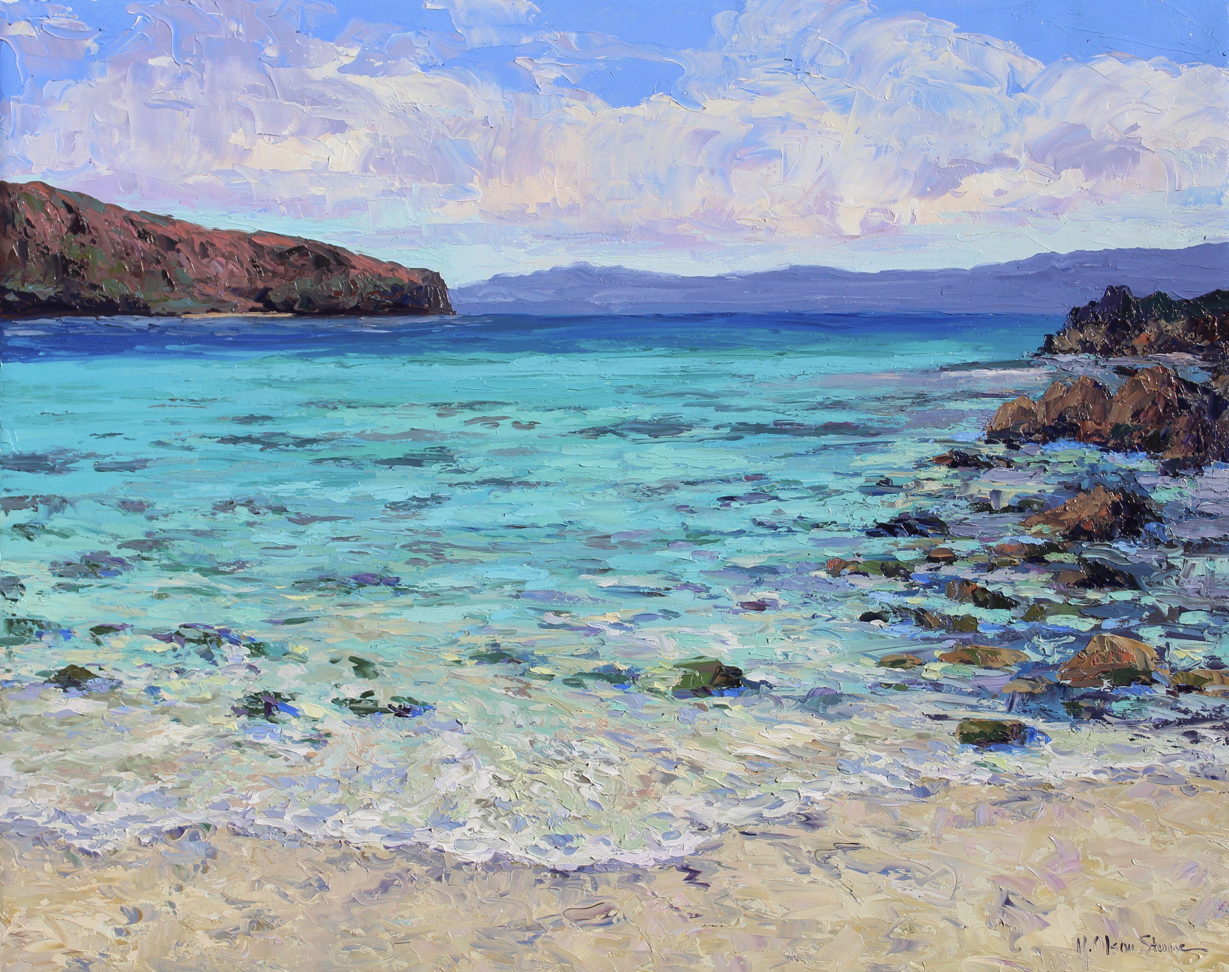 An original seascape of Baja, Mexico as seen from Balandra Bay, a UNESCO world heritage site and one of the world's most beautiful bays. The colors of blue are stunning and as you look at this painting, you can almost feel the water moving and see