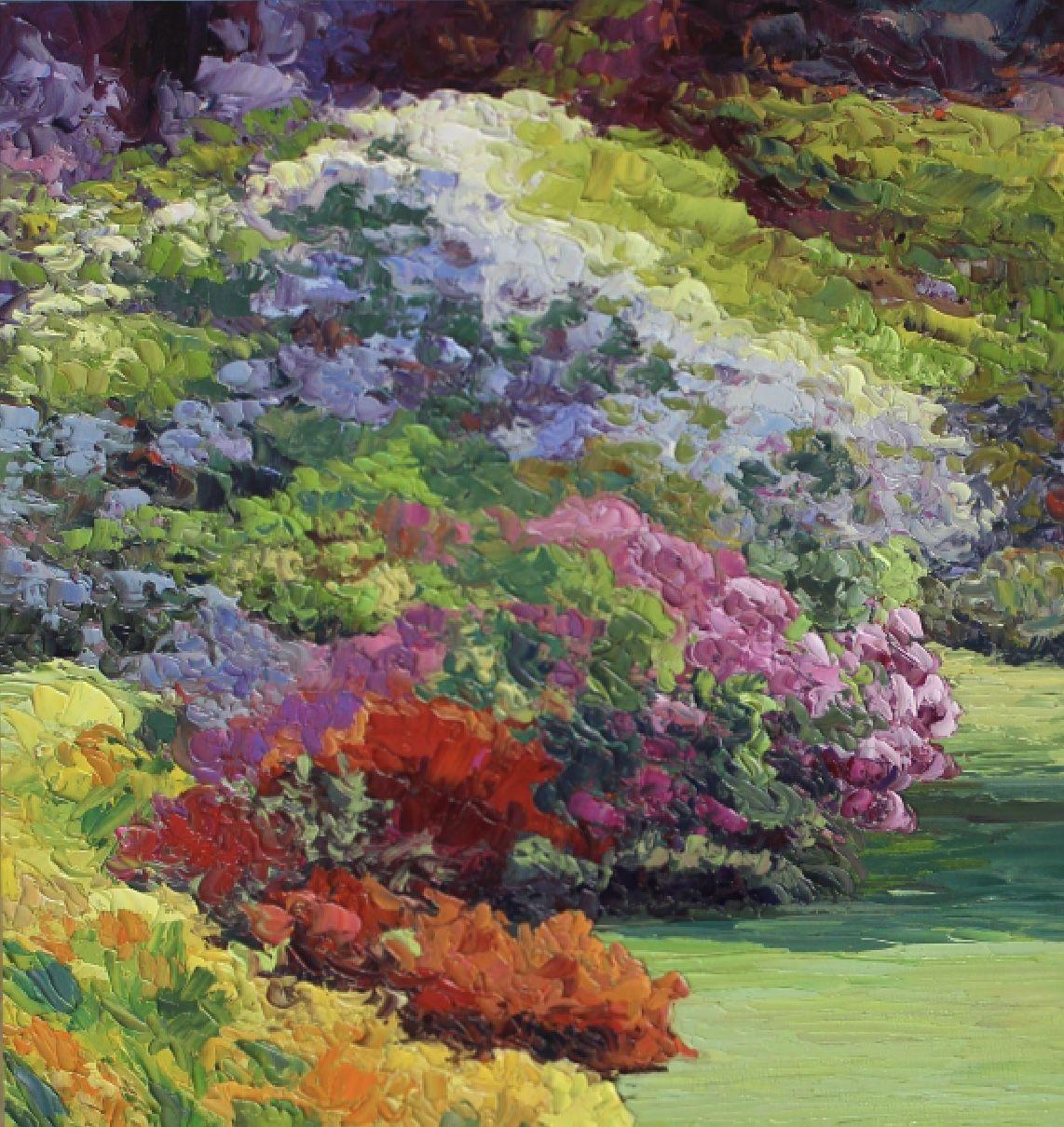 European Garden, Painting, Oil on Canvas For Sale 3