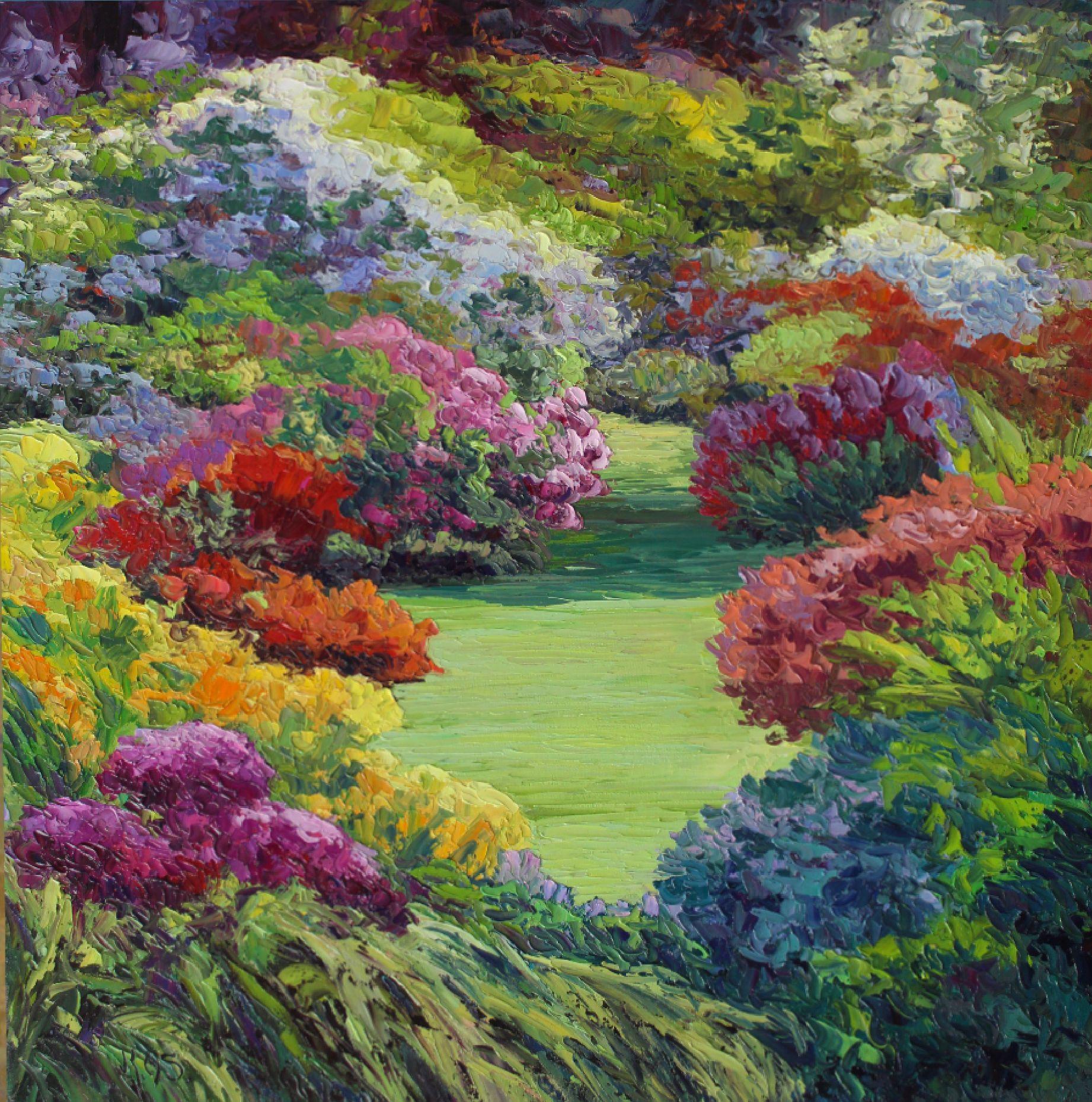 An original contemporary-impressionist garden landscape of gorgeously colored flowers and greenery.  This painting comes with a certificate of authenticity. It has been painted with the highest quality artist oil paints and canvas so you can enjoy