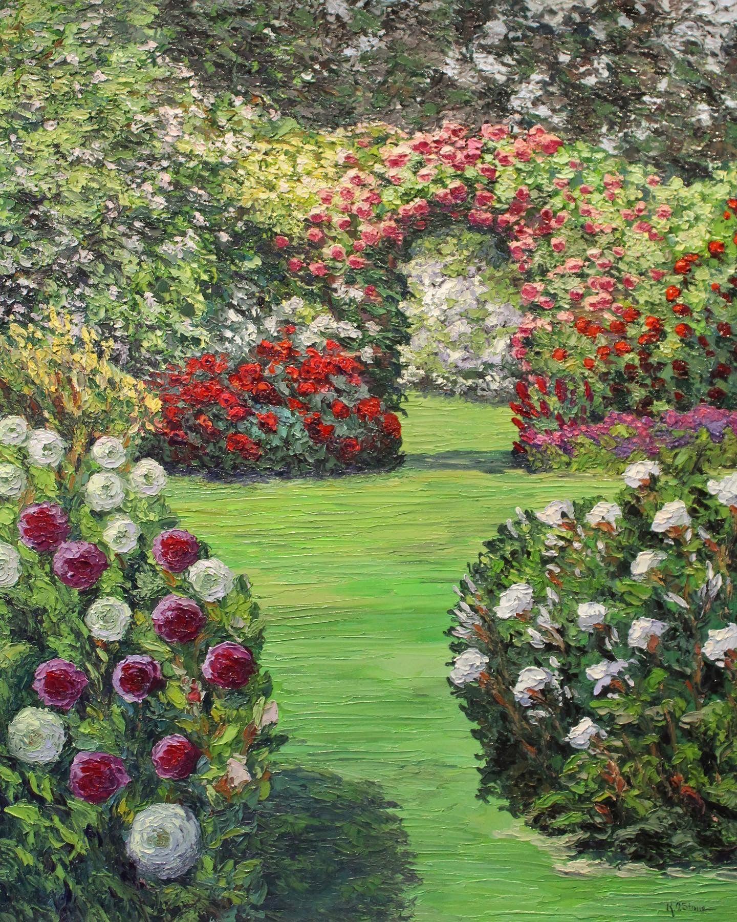 An original palette knife floral garden landscape painting. Colorful strokes of thick paint bring this garden to life. You will never get tired of looking at this refreshing, contemporary painting.  This artwork comes with a certificate of
