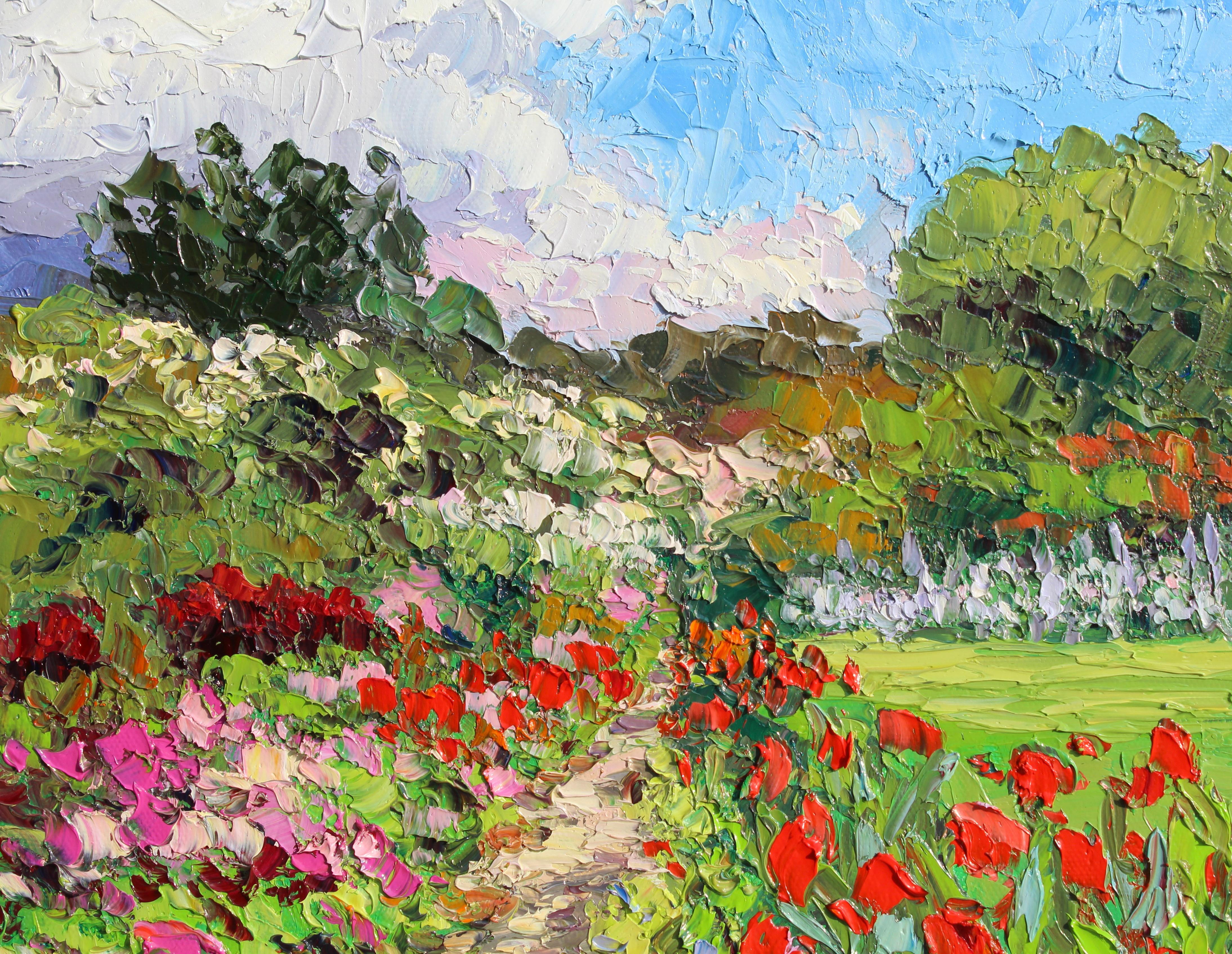 Sentiero del giardino francese - paesaggio originale dell'impressionismo astratto - arte contemporanea - Interior Painting Grigio di Kristen Olson Stone