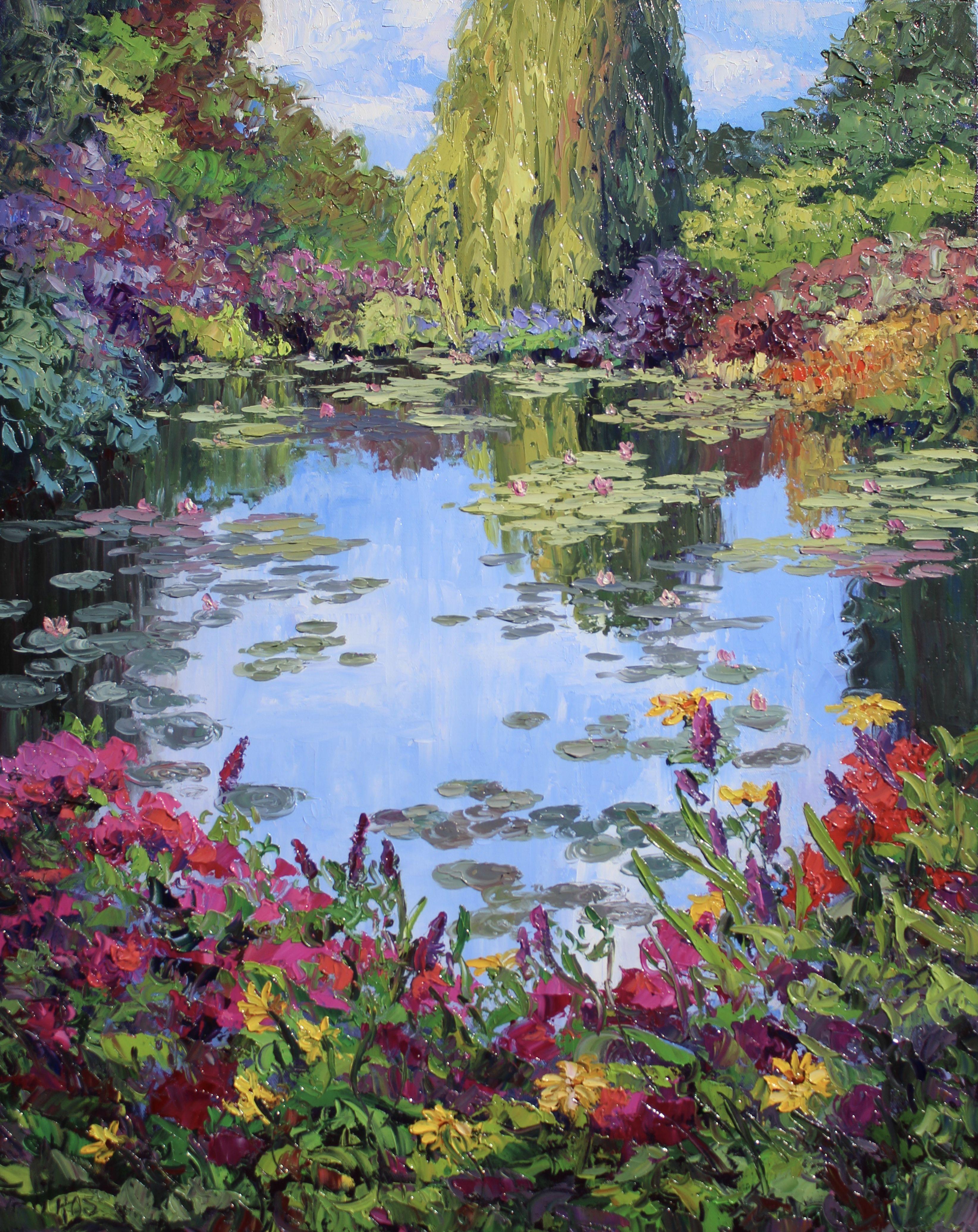 An original palette knife oil painting on canvas of the lovely gardens of Giverny, Monet's home in France. This is painted with thick, colorful strokes of oil paint in a contemporary impressionist style.  This painting comes with a certificate of