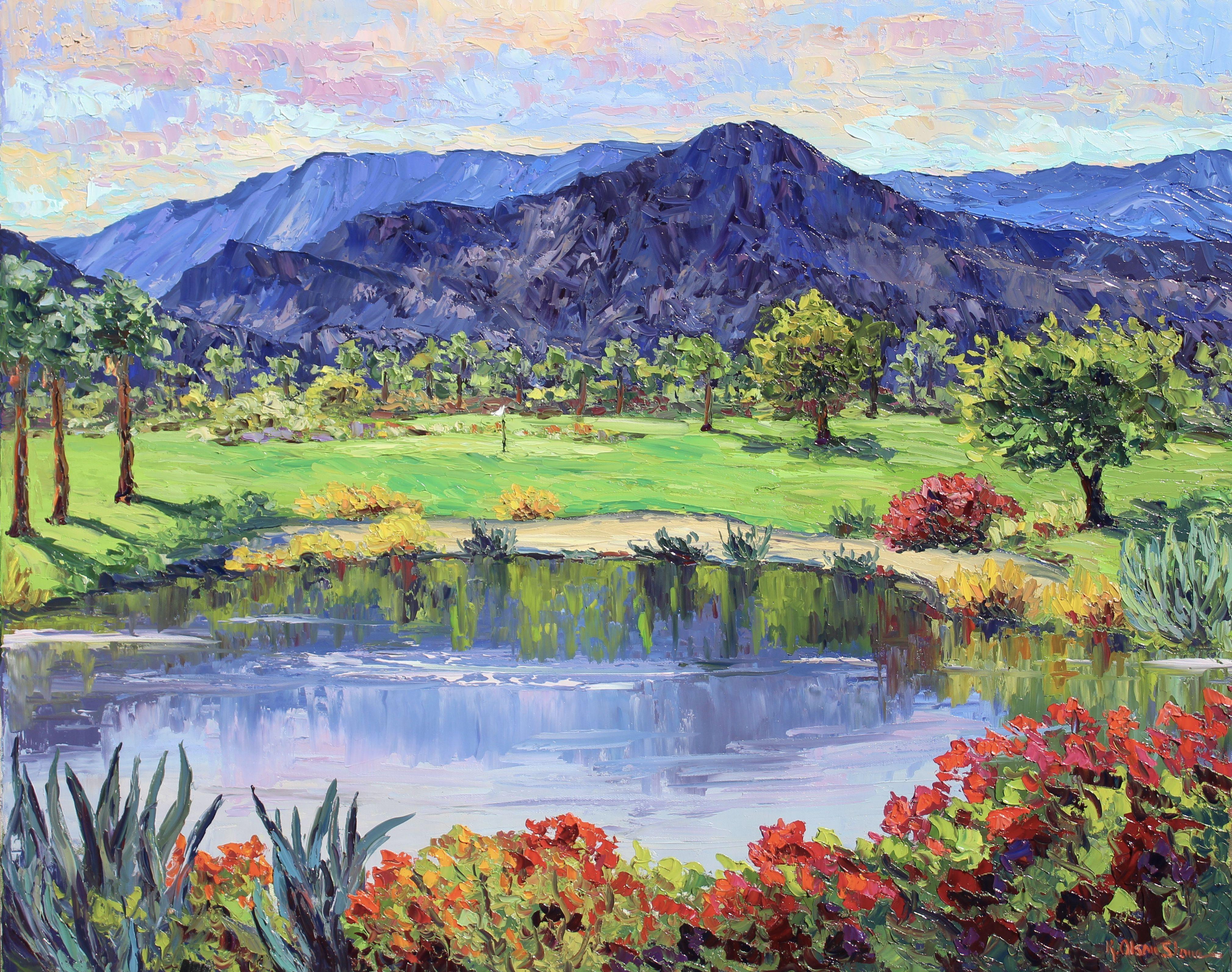 An original golf course landscape painting of Indian Wells Golf Course, Indian Wells, California.  Colorful bougainvillea, and palm trees bask in the warm sunshine at the foot of Indian Wells mountains.  This painting comes with a certificate of