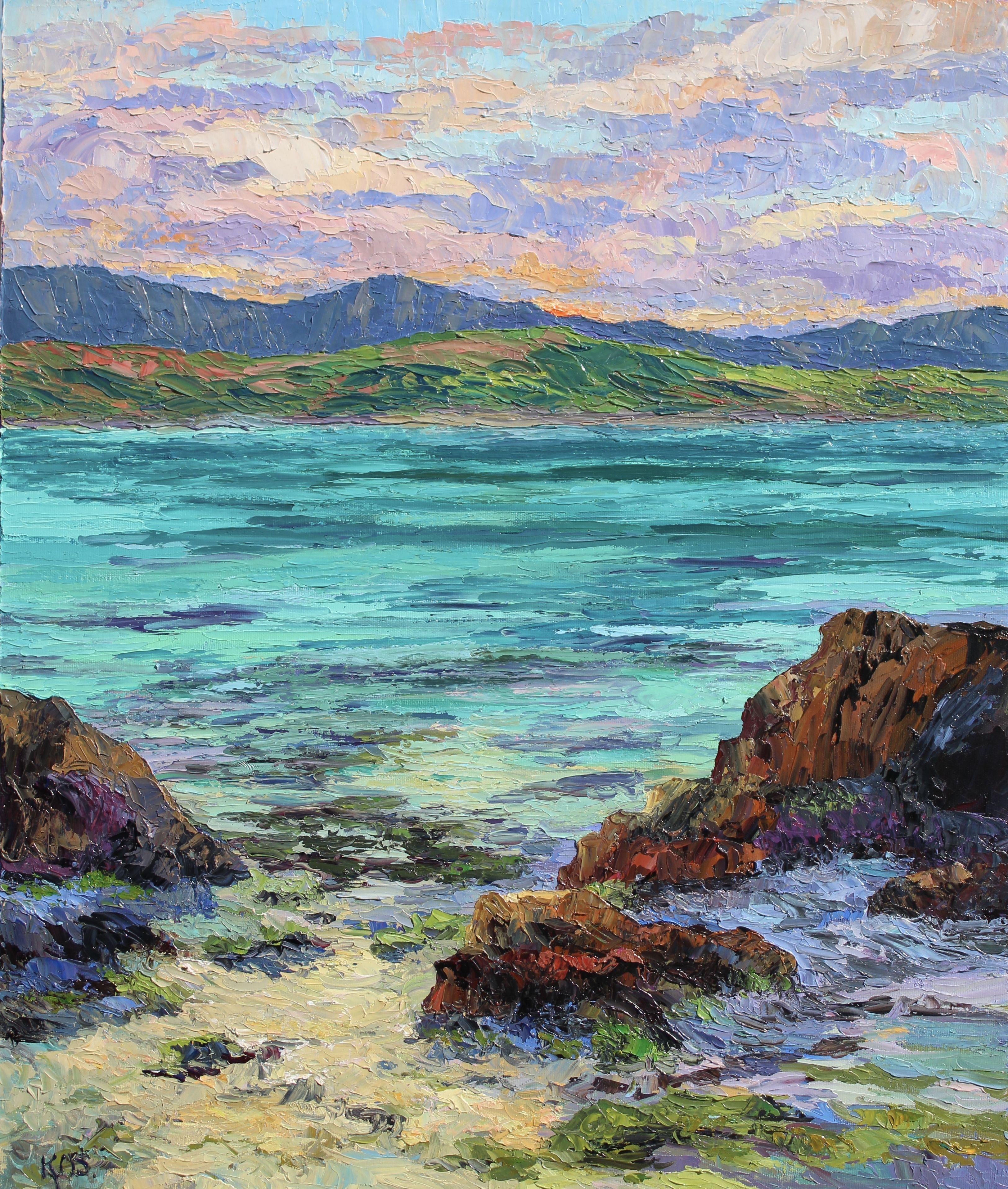 An original palette knife oil painting of Kailua Beach in Hawaii. This painting depicts the sun setting over the Pali (Hawaiian mountains), the evening colors cascade over the water, rocks and sand. The turquoise water invites the viewer to take an