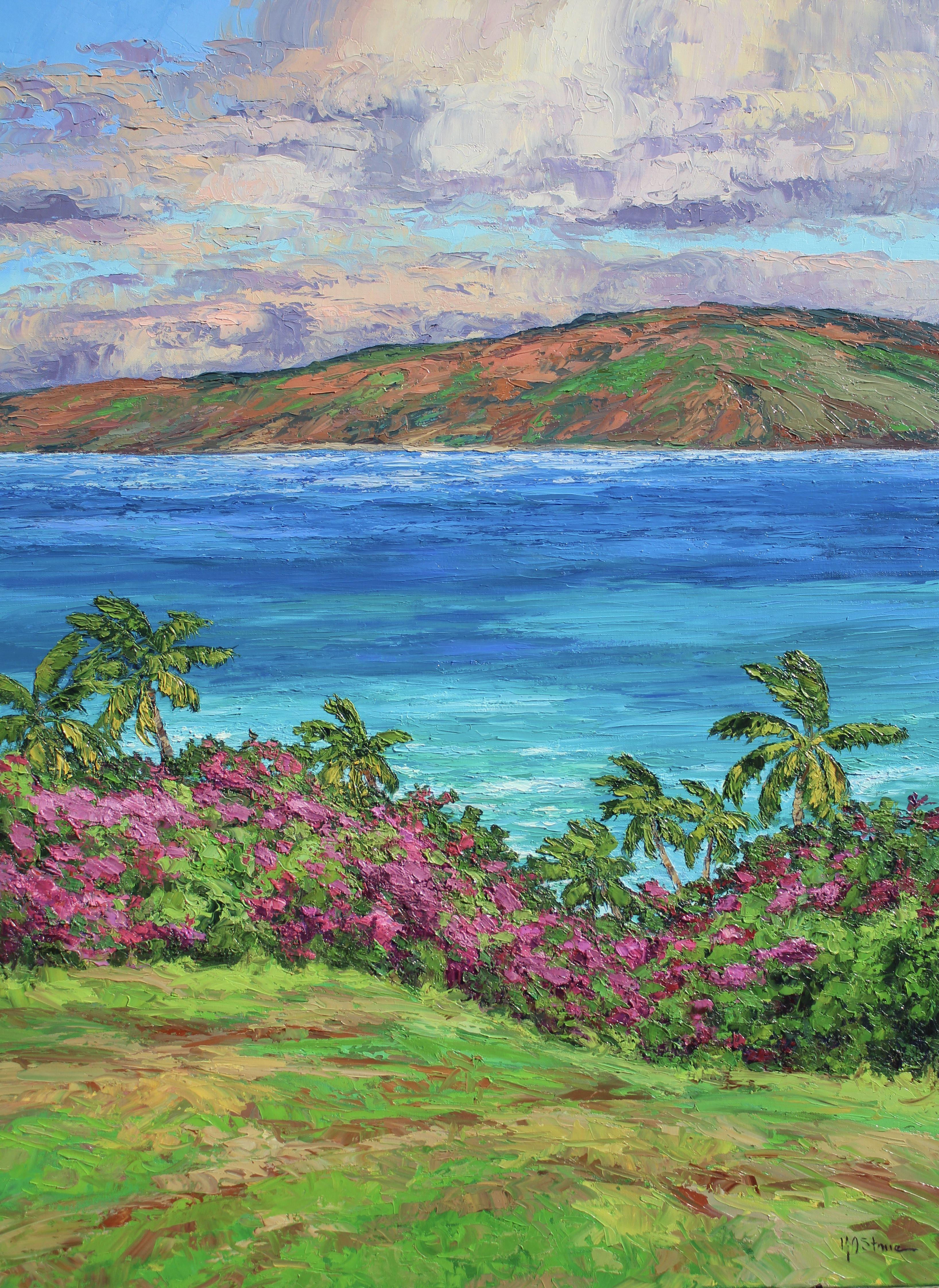 An original palette knife oil painting of upcountry Maui. This view from Paia looks toward Kahoolawe which is painted with streaks of red lava interspersed with green foliage, waves lap the distant shore and gorgeously colored, towering clouds hang