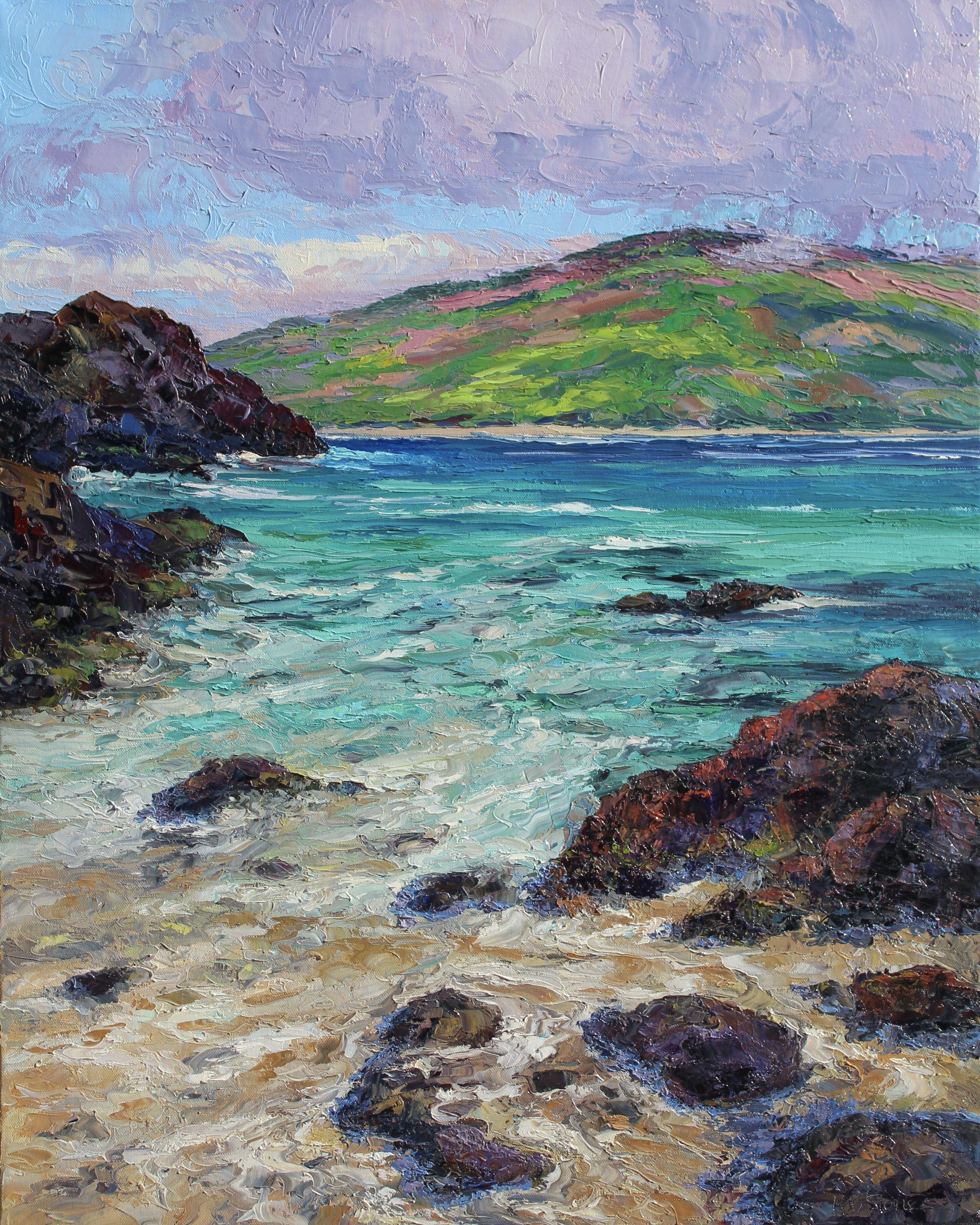 An original palette knife seascape oil painting of Sugar Cove on Maui with a view towards the island of Kahoolawe. Lava sea rocks frame the view of this ocean cove with numerous shades of blue, green and violet. Island clouds drift over the island