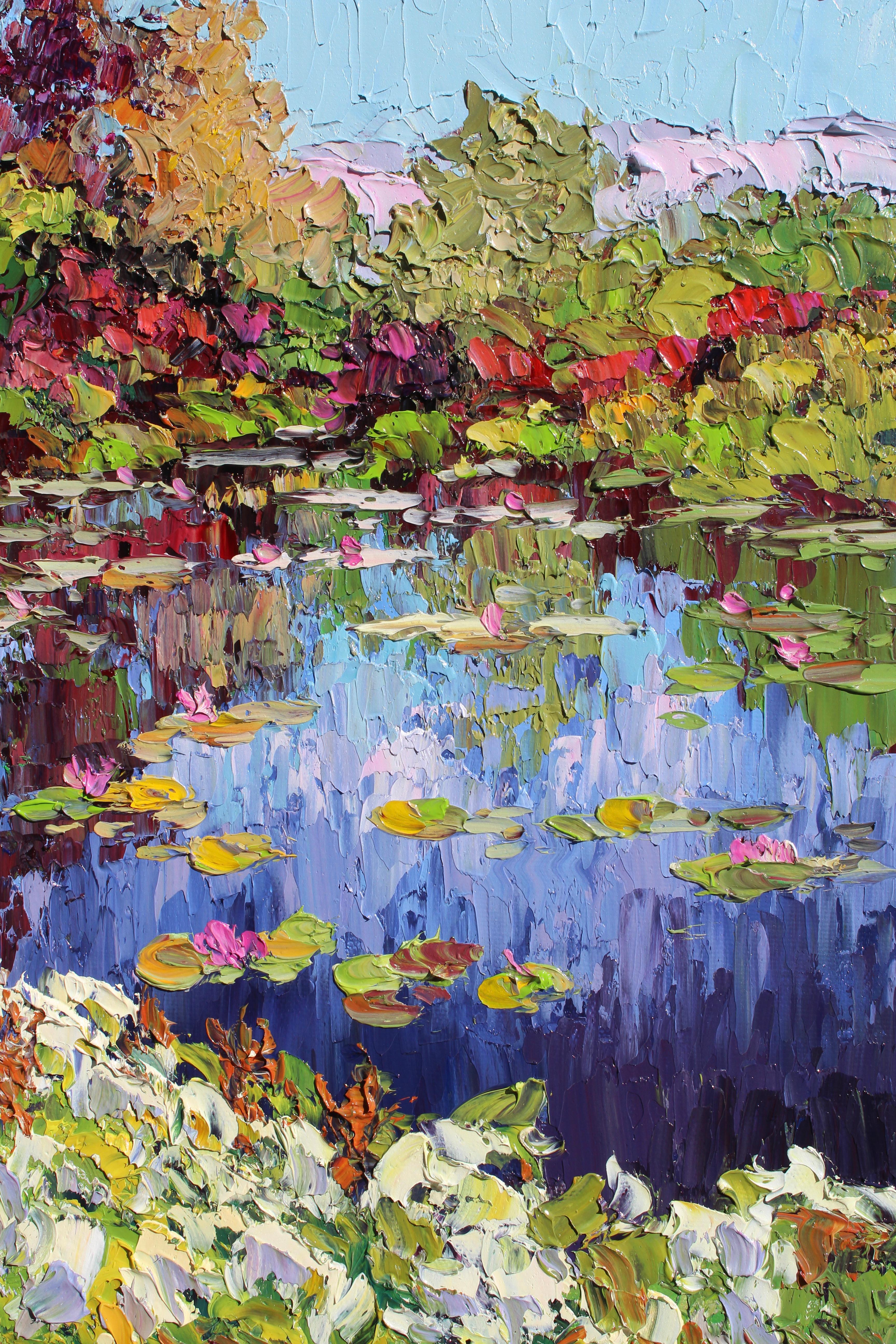 Esta excepcional obra de arte está actualmente expuesta y a la venta en la Galería de Arte Contemporáneo Signet y en Internet.

Con un delicado juego de luces y reflejos, Monet Sonríe capta la magia de la mañana en el famoso estanque de Giverny. Los