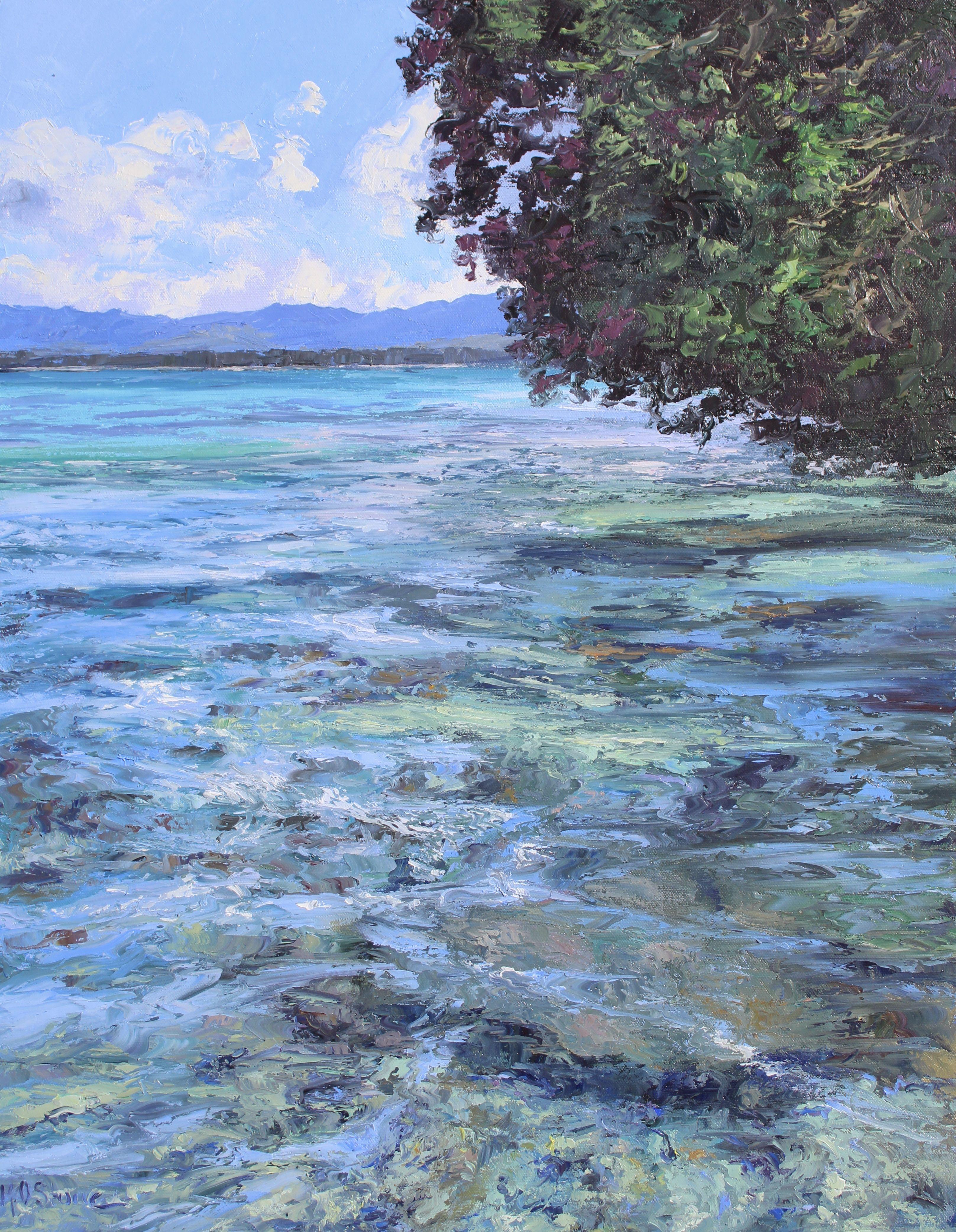 An original palette knife oil painting of a sunny summer day in New Zealand.  The water surrounding New Zealand  is the most beautiful color of turquoise.   I have spent many happy days painting along the coastline of this lovely country.  This