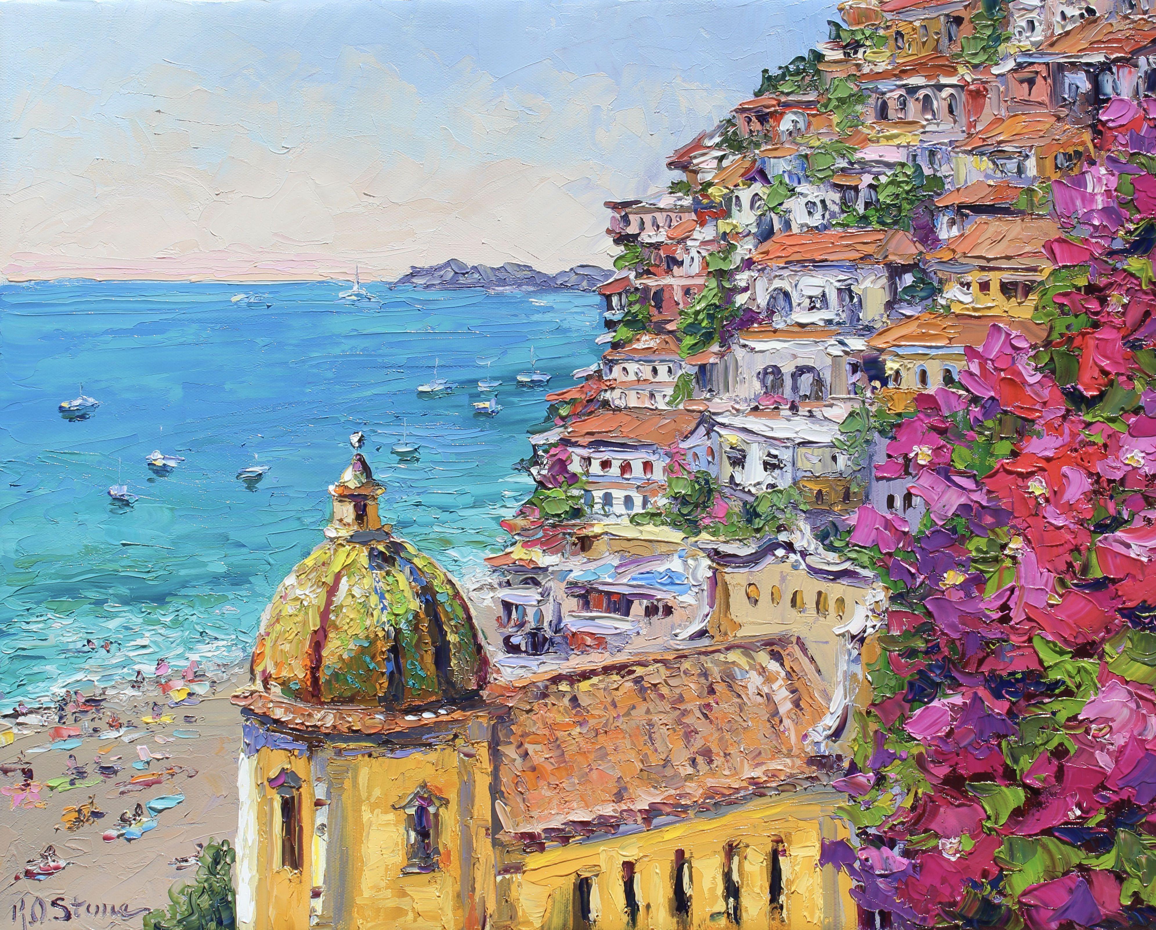 An original 20" x 16" textured oil painting of the Majolica dome on the Santa Maria Assunta church on the Amalfi coast. (Costiera Amalfitana). This is a UNESCO World Heritage Site. The multi colored tile roof sparkles in the sun. I've captured the