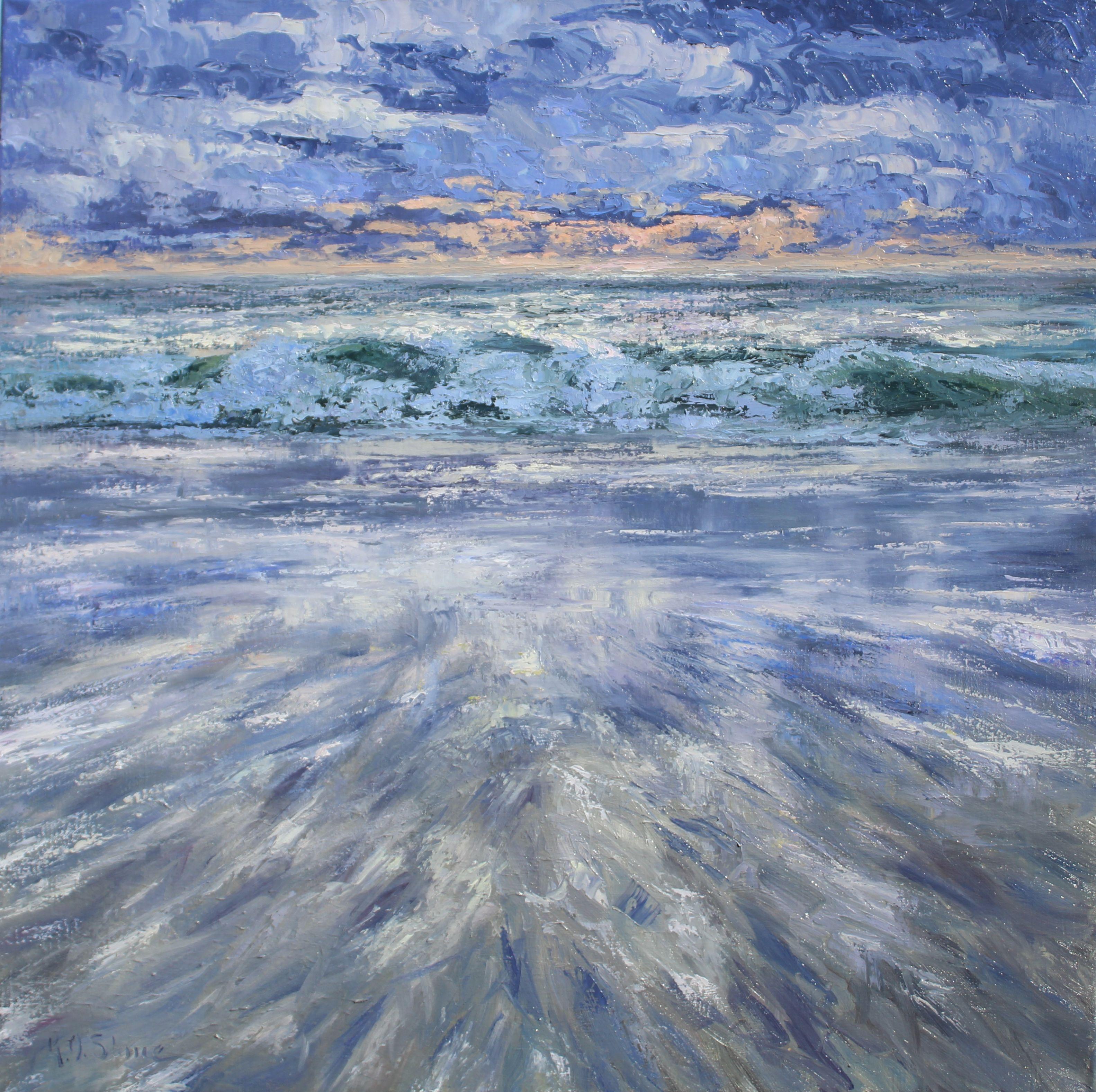 A meditative original palette knife seascape painting of an early morning at the ocean.  I came upon this scene one morning, a storm had just passed and the sun was reappearing among the clouds and just above the horizon, the gently rolling waves
