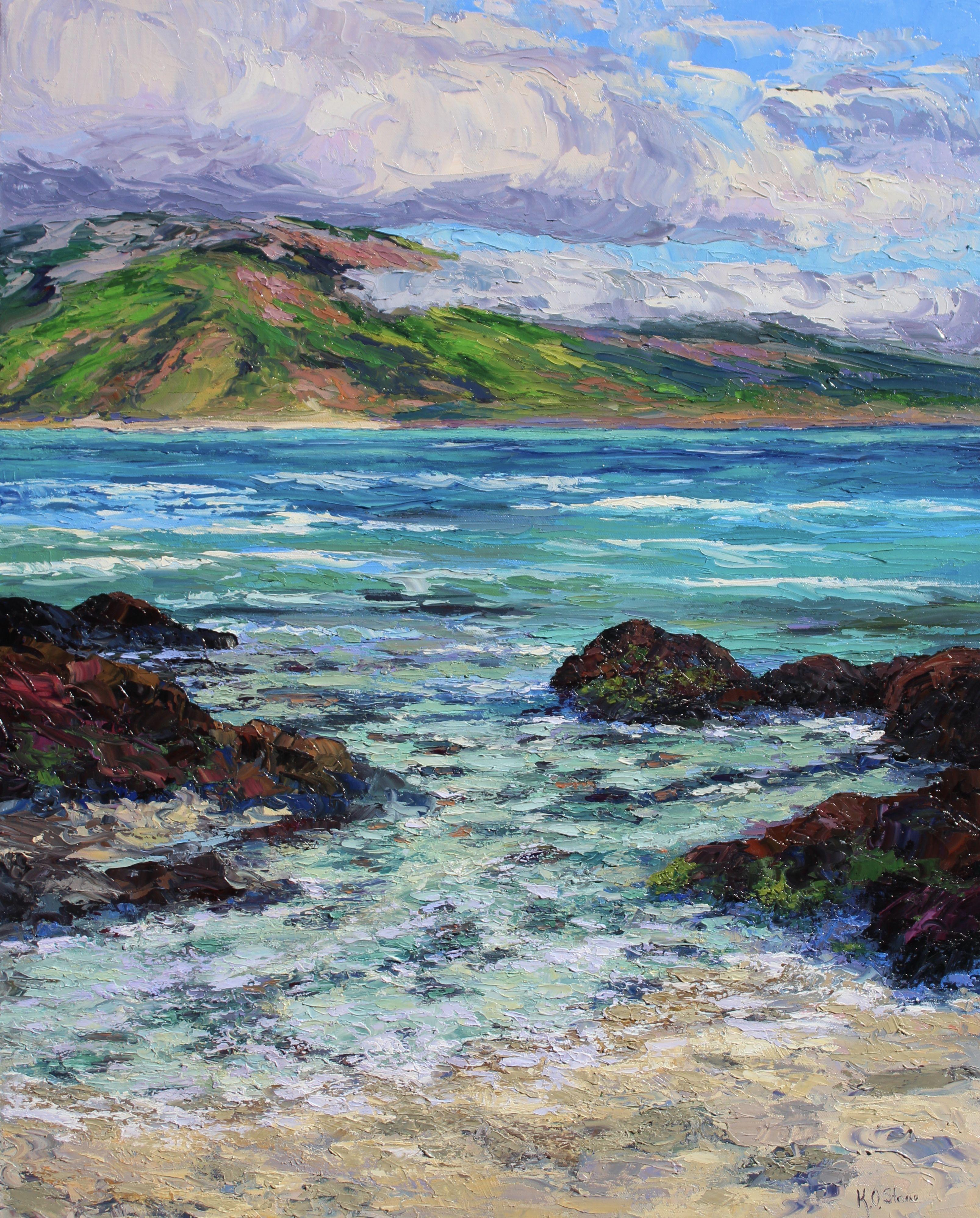 An original palette knife seascape oil painting of Sugar Cove on Maui with a view towards the island of Kahoolawe. Lava sea rocks frame the view of this ocean cove with numerous shades of blue, green and violet. Island clouds drift over the island