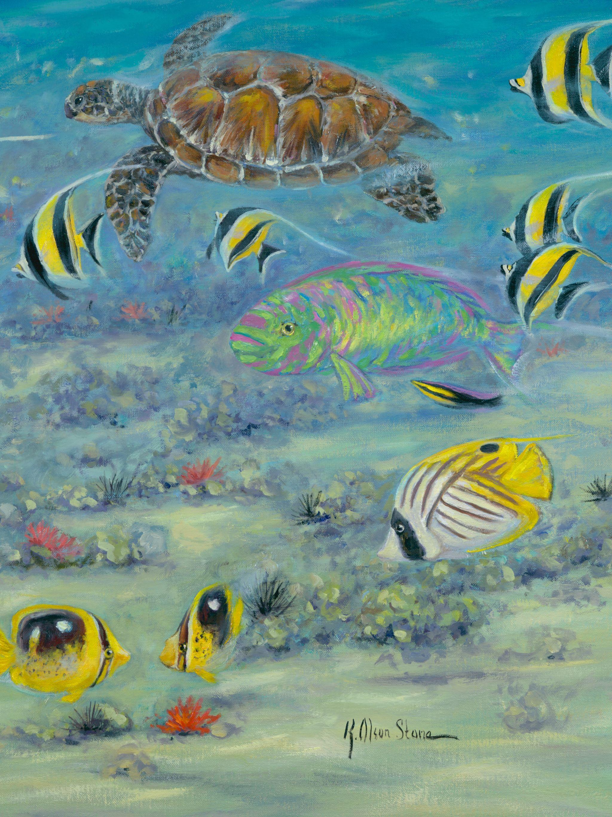 Dieses 6-teilige Original-Ölgemälde zeigt eine Sammlung meiner Lieblings-Riff-Fische in Hawaii vor einer spektakulären Strandkulisse bei Bali Hai auf der Insel Kauai. Jede Platte ist 20â€œ