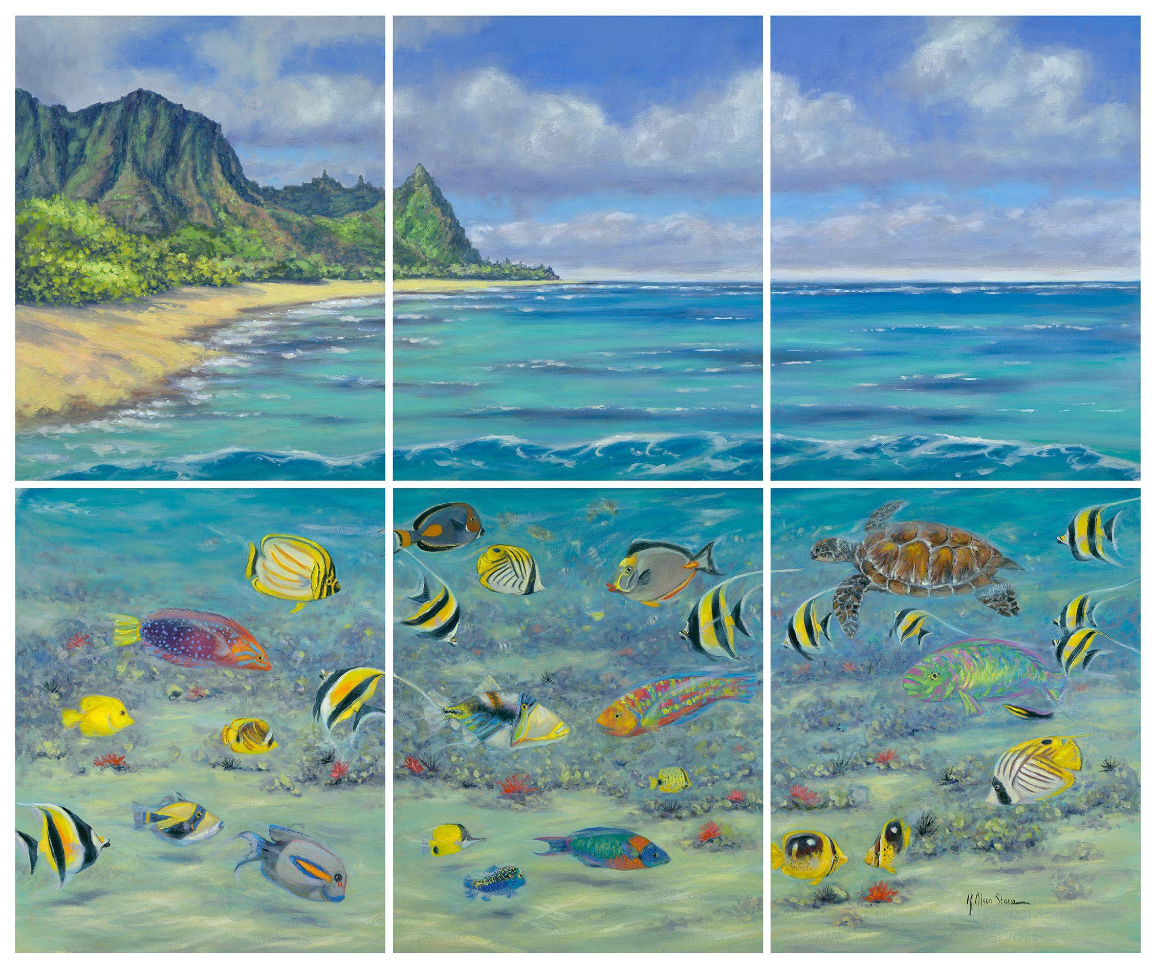 This is a 6-panel original oil painting featuring a collection of my favorite reef fish in Hawaii set in a spectacular offshore beach setting at Bali Hai on the island of Kauai. Each panel is 20â€