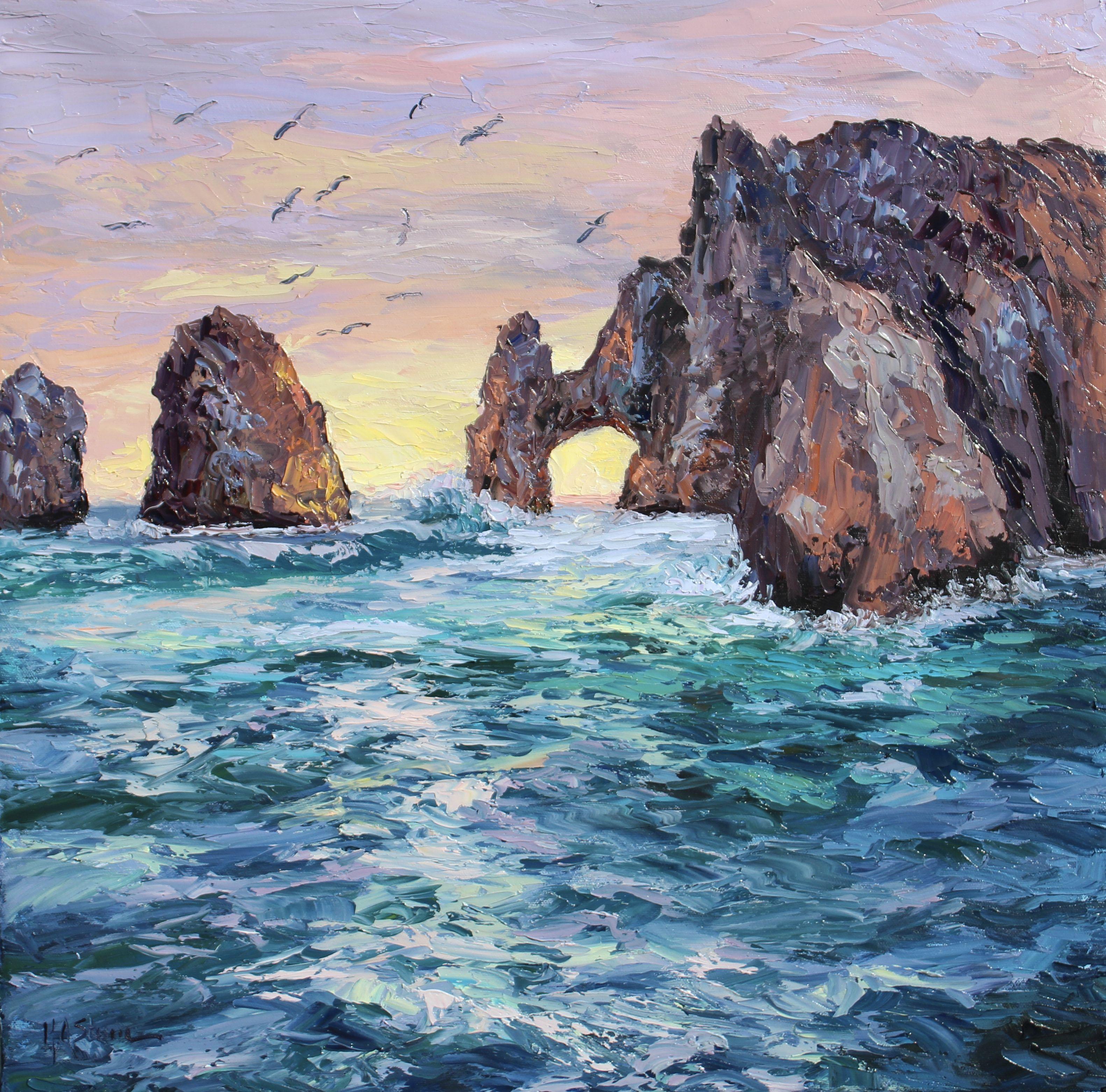 An original seascape textured oil painting of Cabo San Lucas. This painting features the view of Arch Rocks and pelicans soaring above the ocean at sunset. The colors and textures in this artwork are lovely, you feel as if you are sitting in a boat