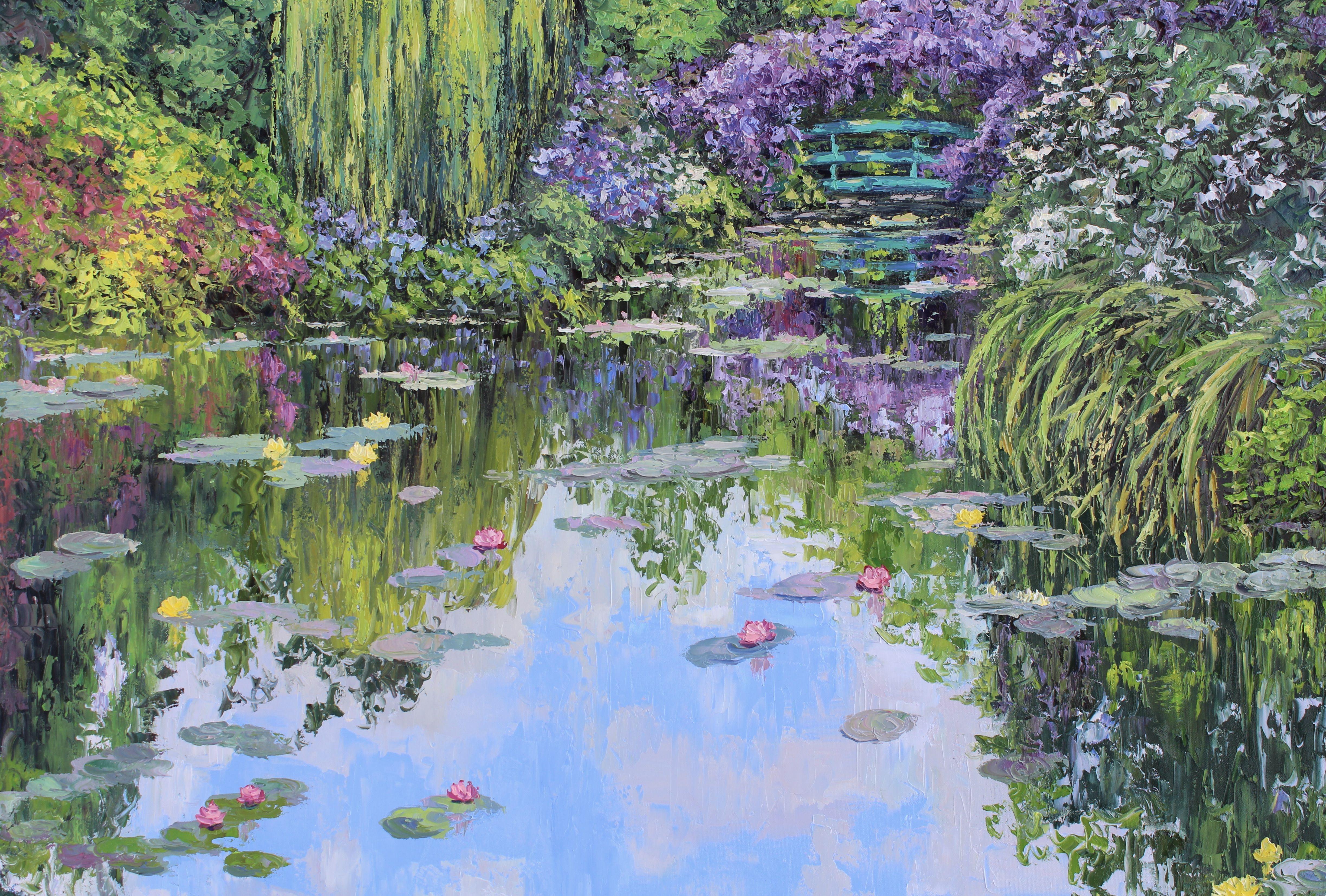 An extra large original water lily pond original oil painting of Monet's beloved Giverny. Willow trees and wisteria frame the far side of the pond while water lily pads and water lily flowers slowly seem to drift forward over the calming reflections