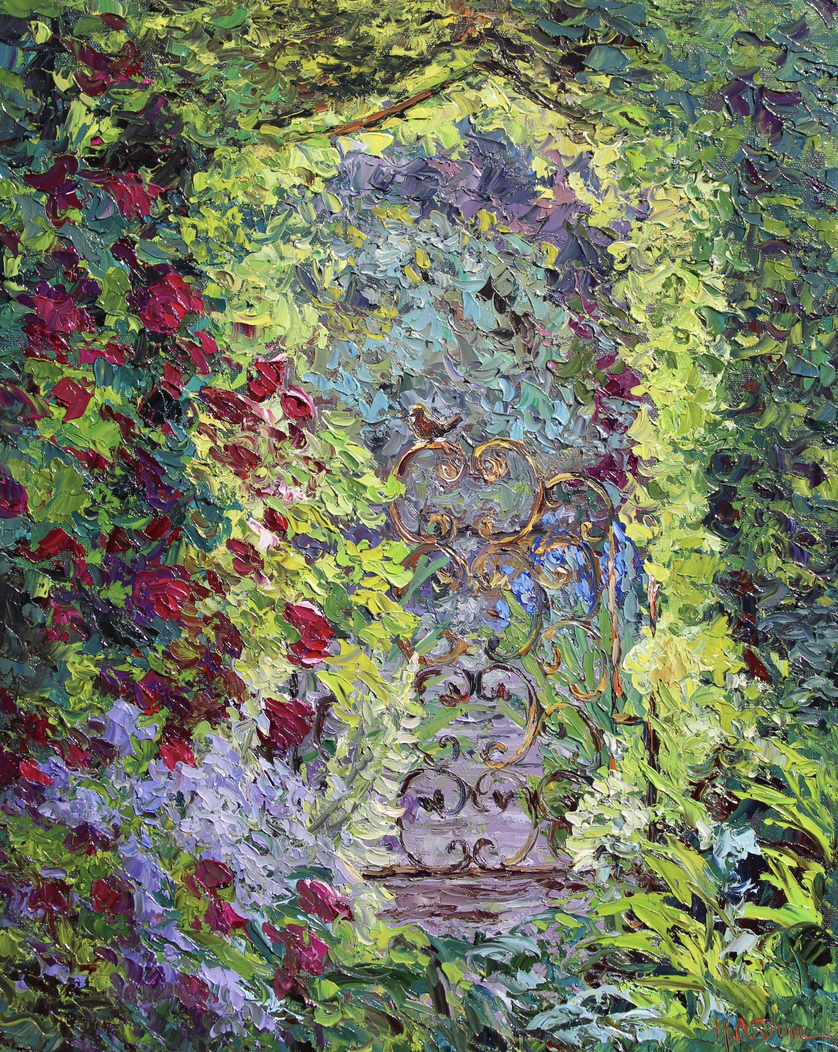 An original garden landscape oil painting on canvas of a beautiful garden with dramatic lighting from the early morning sun.  A bird sits on the top of the gate surrounded by nature, hollyhocks, roses and other flowers are blooming behind this