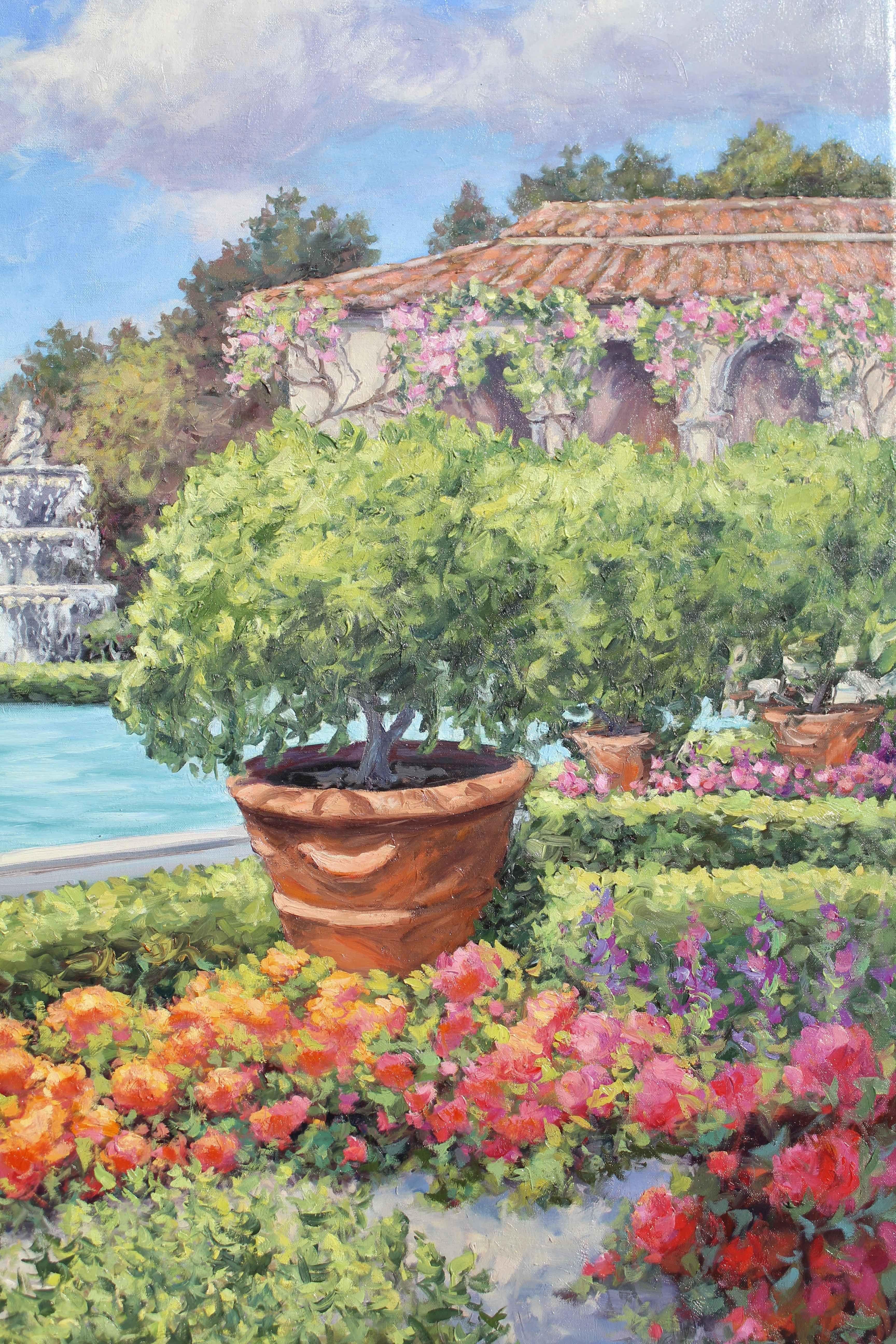 Un dipinto a olio originale di un bellissimo giardino italiano. Si tratta di un dipinto di grandi dimensioni, alto 60