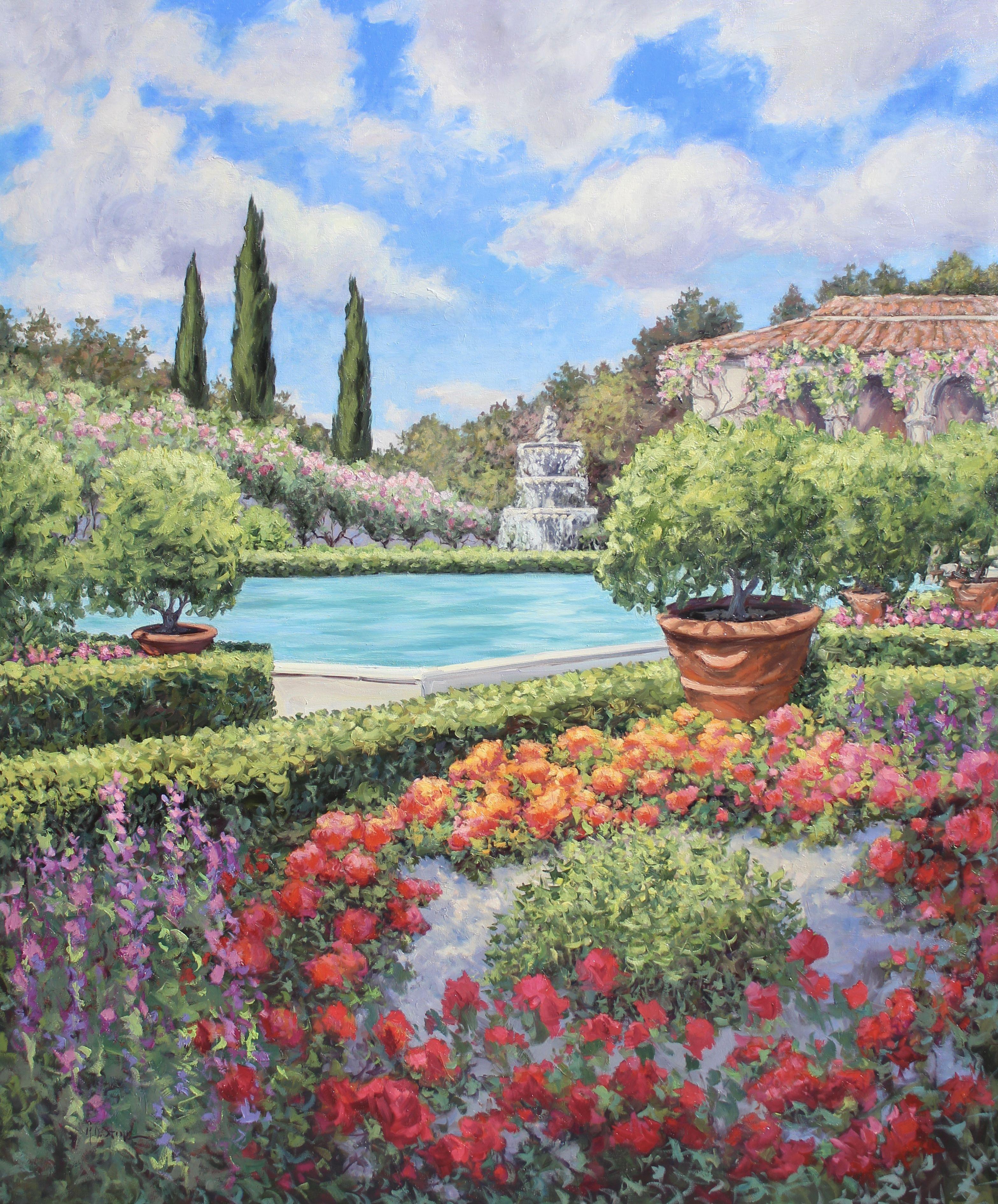 An original oil painting of a beautiful Italian Garden. This is a large painting, 60" tall by 50" wide (152.4 x 127 cm). Standing in front of it makes you feel as if you are there. Hanging this artwork on the wall of your home will elevate your room