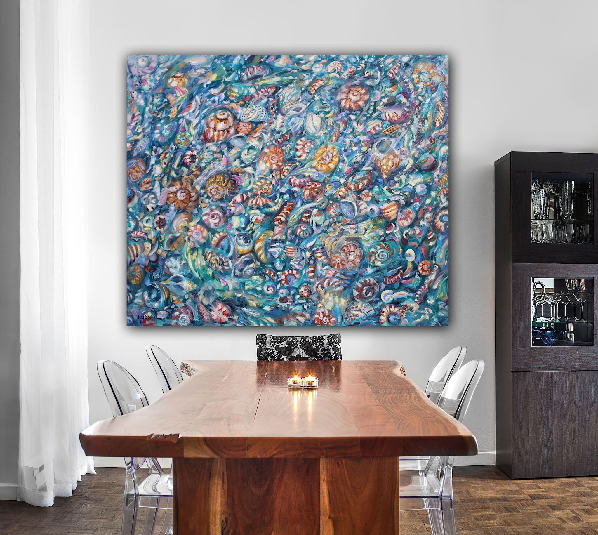 Ein Original-Ölgemälde einer Meereslandschaft mit Muscheln und Muschelfragmenten, die in einem Gezeitentümpel verstreut sind. Dies ist das 5. Bild in meiner Serie von Gezeitenbildern. Die Gemälde dieser Collection sind von den Gezeitentümpeln