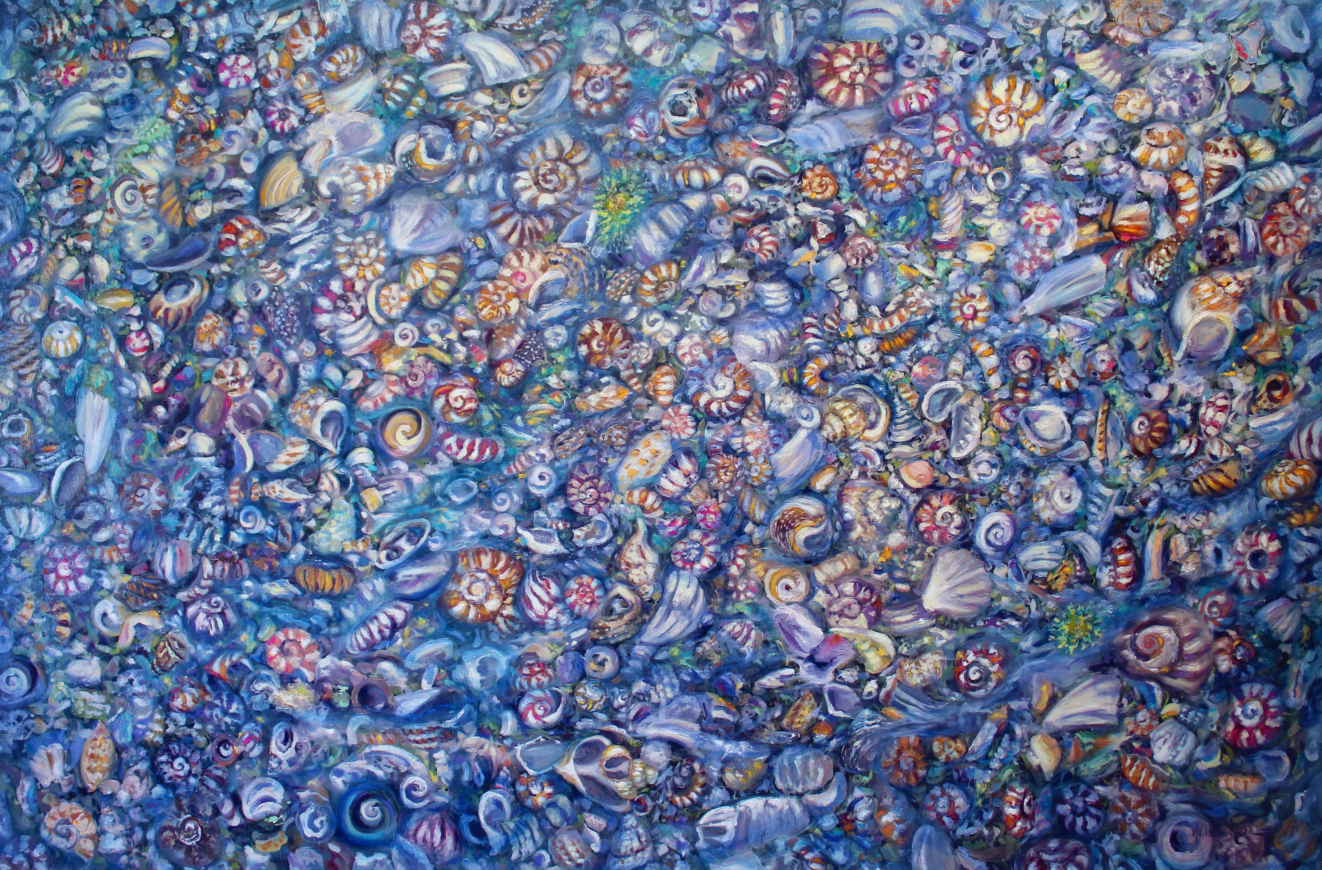 An intricate and textural painting of seashells and shell rubble in a tide pool.     This is a 40â€
