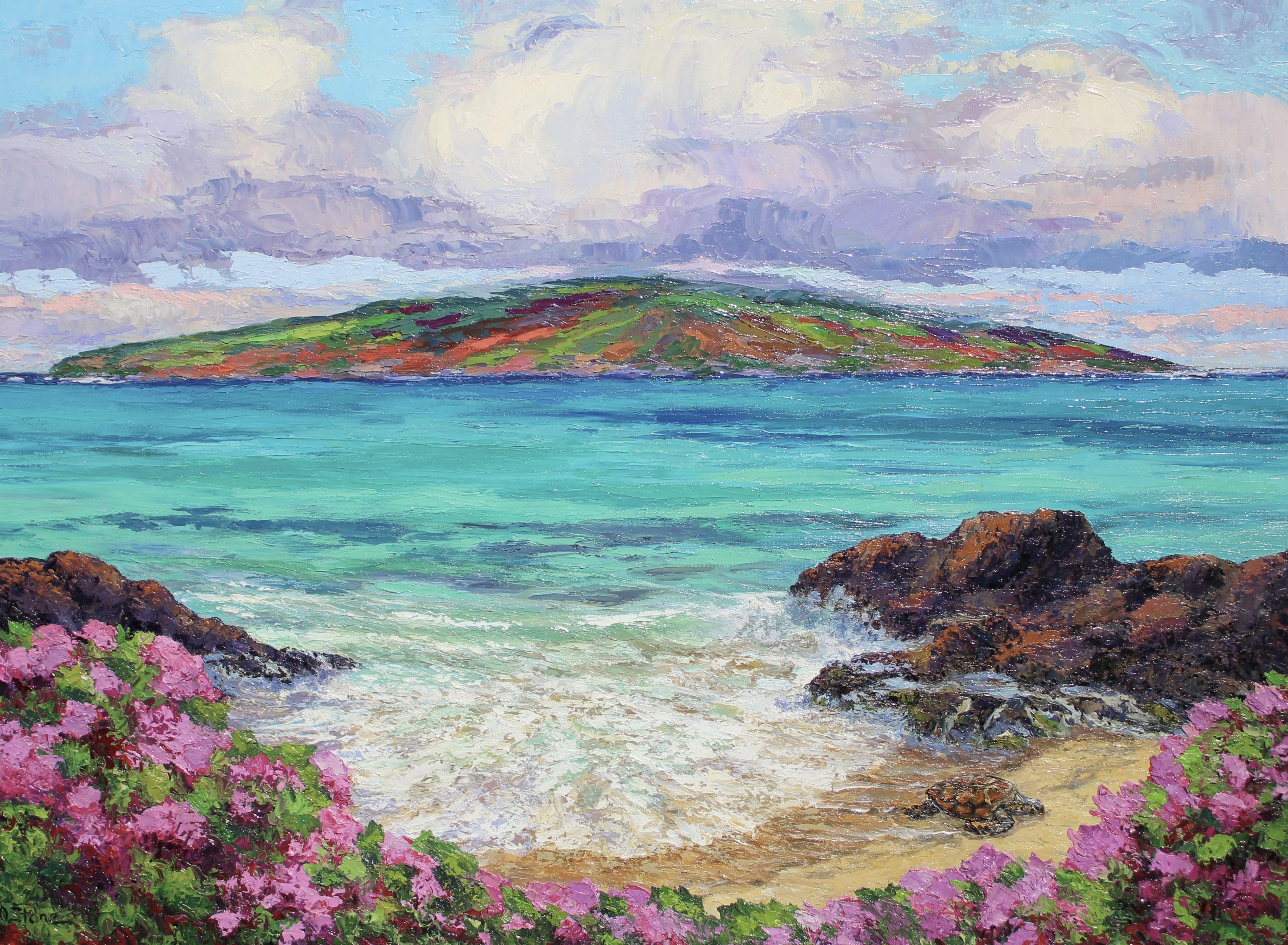 An original Maui seascape oil painting on canvas of a turquoise sea cove, sea rocks, a green sea turtle coming on shore and the offshore island of Kaho'olawe in the distance. The scene is framed by colorful bougainvillea flowers. Painted with a