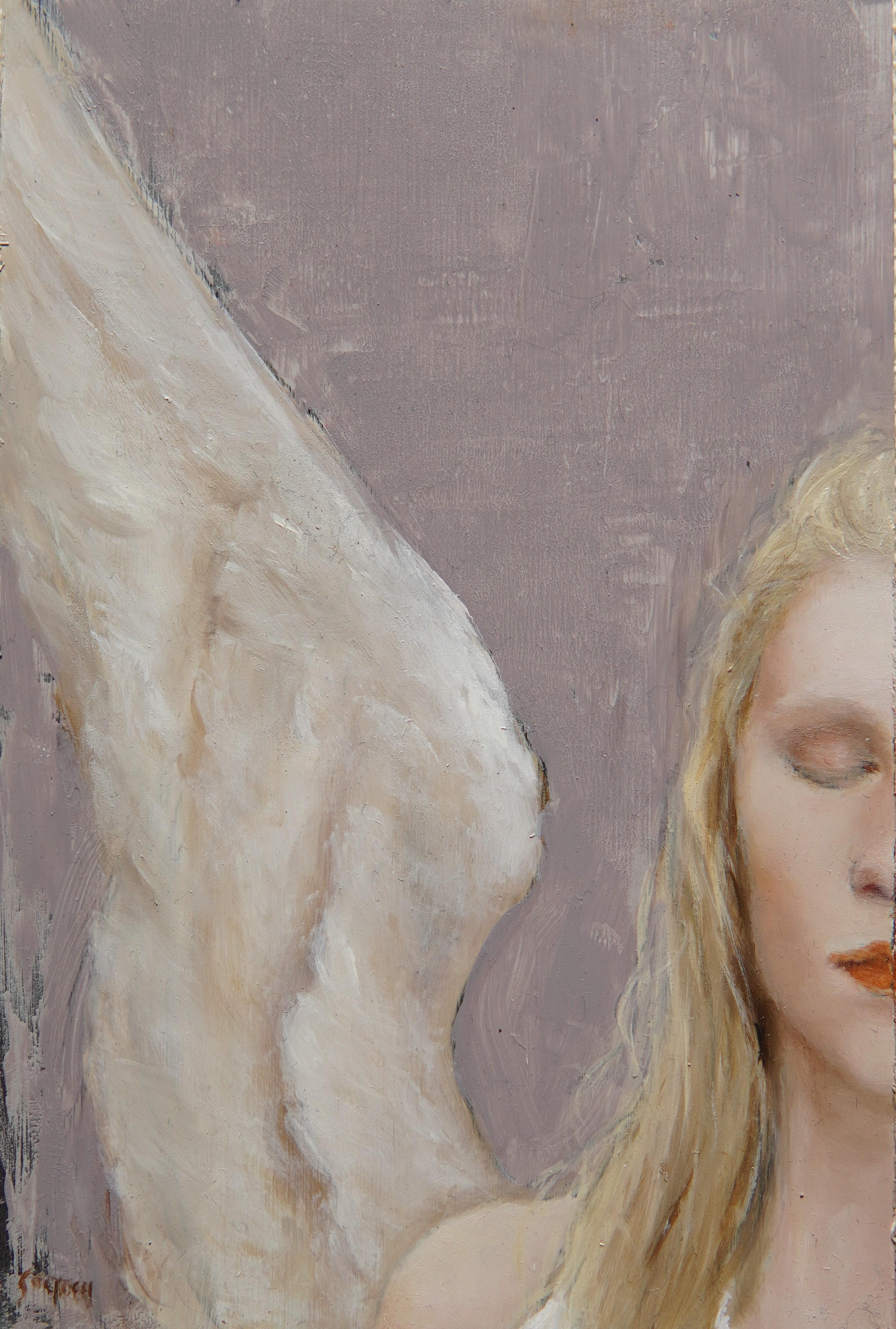 Silencio", de Kristen Santucci, es un óleo original hecho a mano que representa un retrato parcial de una mujer rubia con un ala blanca.

Kristen creció en Greenbelt, Maryland. De niña siempre fue creativa y le interesaba el arte, pero no empezó a