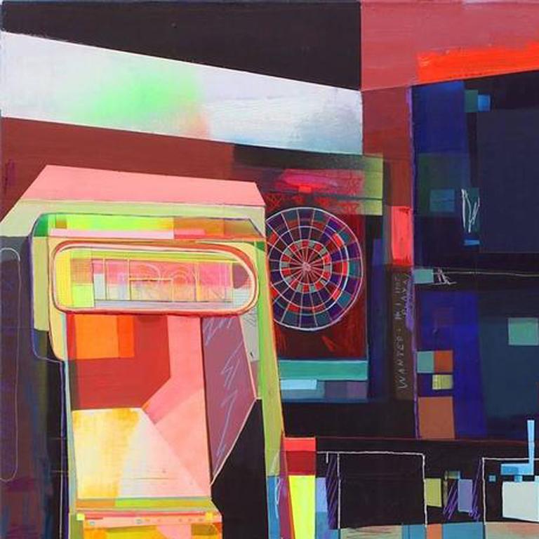 Tron is a large-scale original abstract painting by multimedia artist Kristen Schiele. Combining acrylic and oil paint in rich deep hues with silk screen on canvas, Schiele achieves a contemporary collage feel with bursts of colorful energy. Inquire