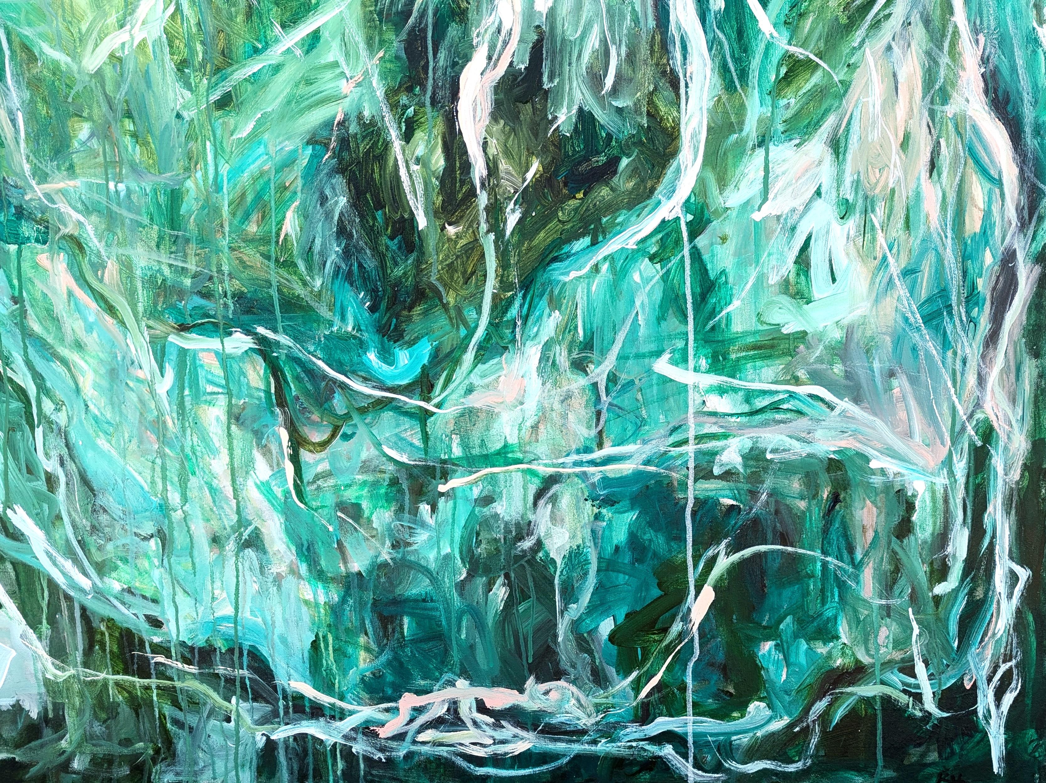 Quadro espressionista astratto gestuale contemporaneo di colore verde dell'artista Kristi Haines Herman di Houston. L'opera presenta strati di pennellate vorticose nei toni del verde, del bianco e del nero. Firmato, intitolato e datato sul retro.