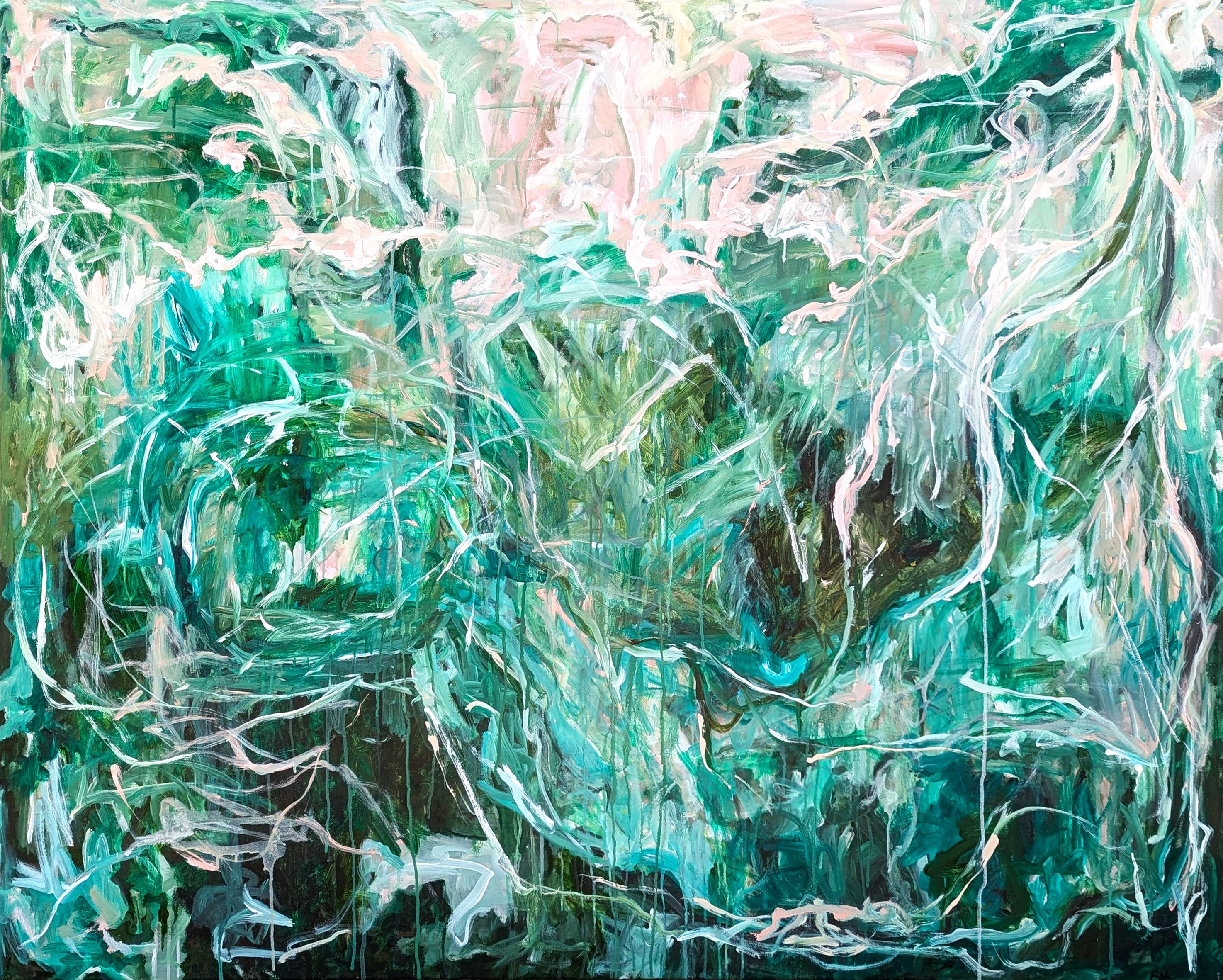 Abstract Painting di Kristi Haines Herman - "Concave Surrender" Pittura contemporanea gestuale astratta espressionista di colore verde