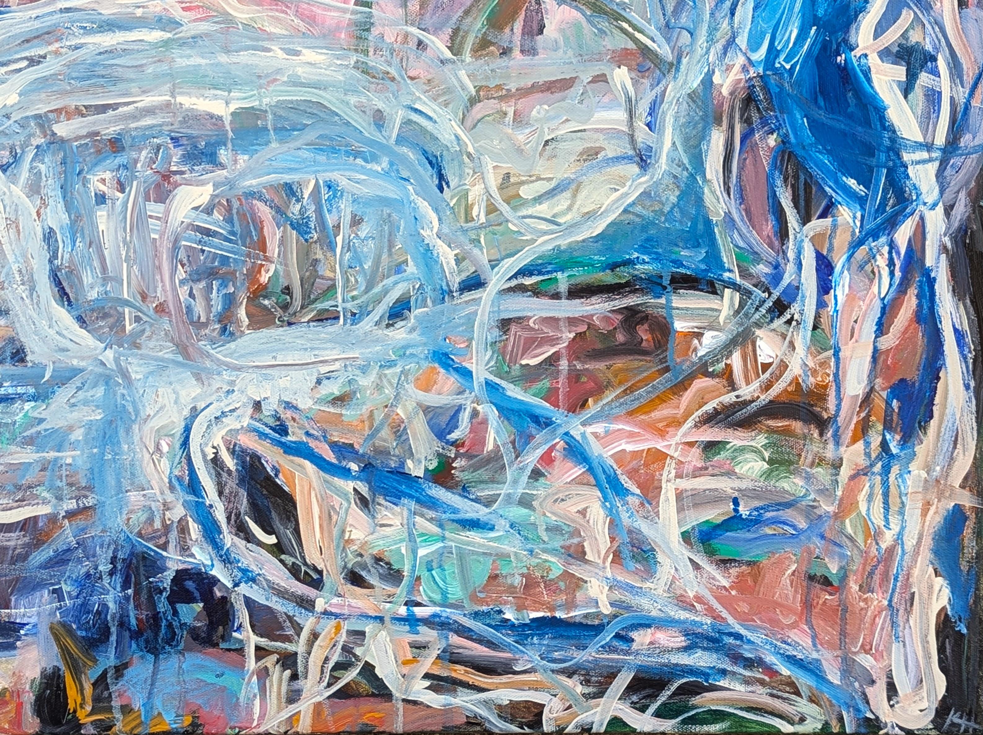 Zeitgenössisches, blau getöntes, gestisches, abstraktes expressionistisches Gemälde der in Houston lebenden Künstlerin Kristi Haines Herman. Das Werk zeigt Schichten von wirbelnden Pinselstrichen in Blau-, Rosa- und Weißtönen. Rückseitig signiert,