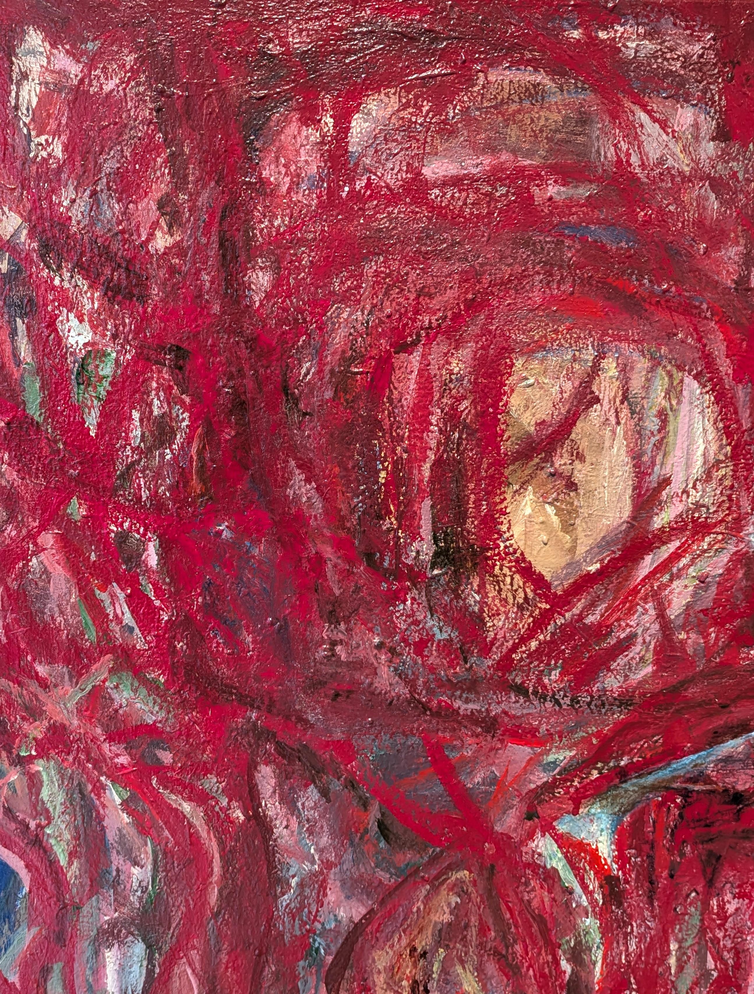 Zeitgenössisches rot getöntes gestisches abstraktes expressionistisches Gemälde der in Houston lebenden Künstlerin Kristi Haines Herman. Das Werk zeigt Schichten von wirbelnden Pinselstrichen in verschiedenen Rottönen. Rückseitig signiert, betitelt