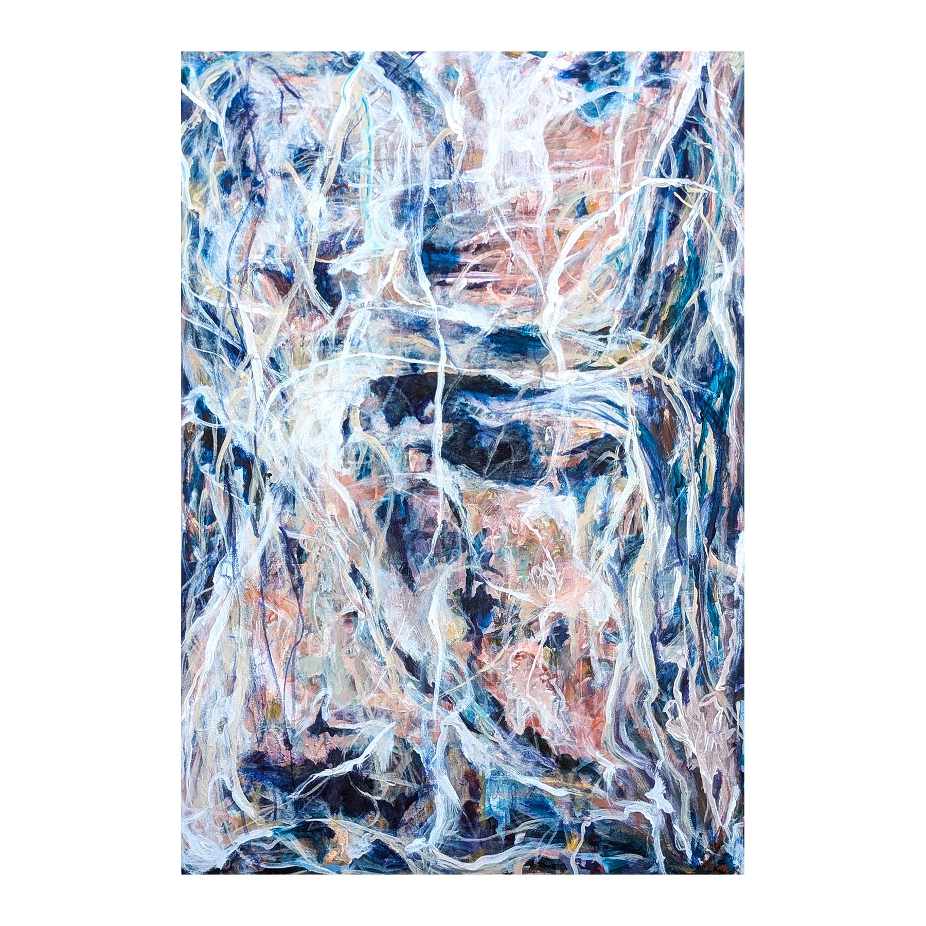 Kraft: My Words Coming Back At Me Zeitgenössische gestische blaue abstrakte Malerei – Painting von Kristi Haines Herman