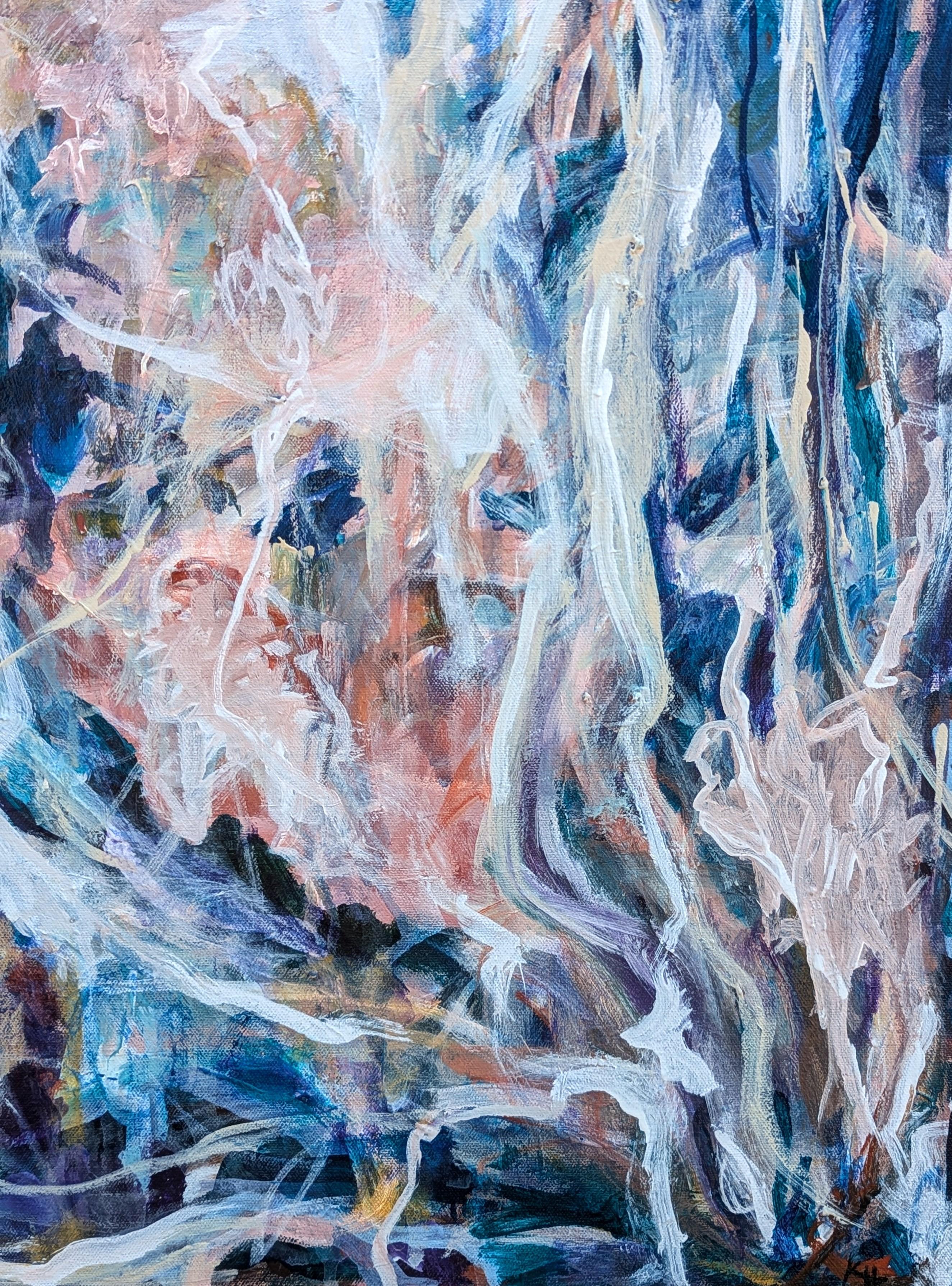 Zeitgenössisches, blau getöntes, gestisches, abstraktes expressionistisches Gemälde der in Houston lebenden Künstlerin Kristi Haines Herman. Das Werk zeigt Schichten von wirbelnden Pinselstrichen in Blau-, Pfirsich- und Weißtönen. Rückseitig