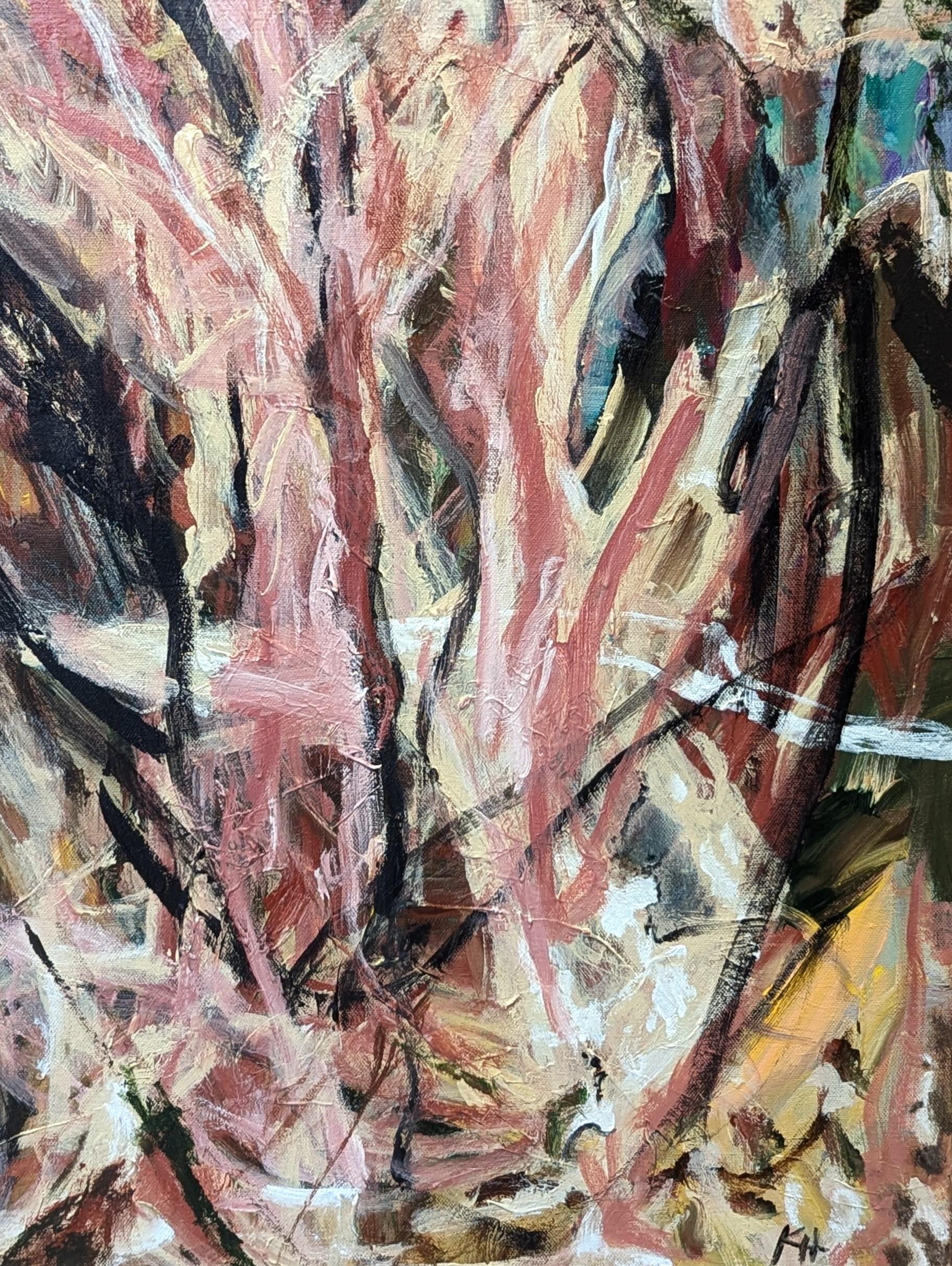Pittura astratta espressionista gestuale contemporanea di colore rosso, blu e verde dell'artista di Houston Kristi Haines Herman. L'opera presenta strati di pennellate vorticose in varie tonalità Jewell. Firmato, intitolato e datato sul retro.
