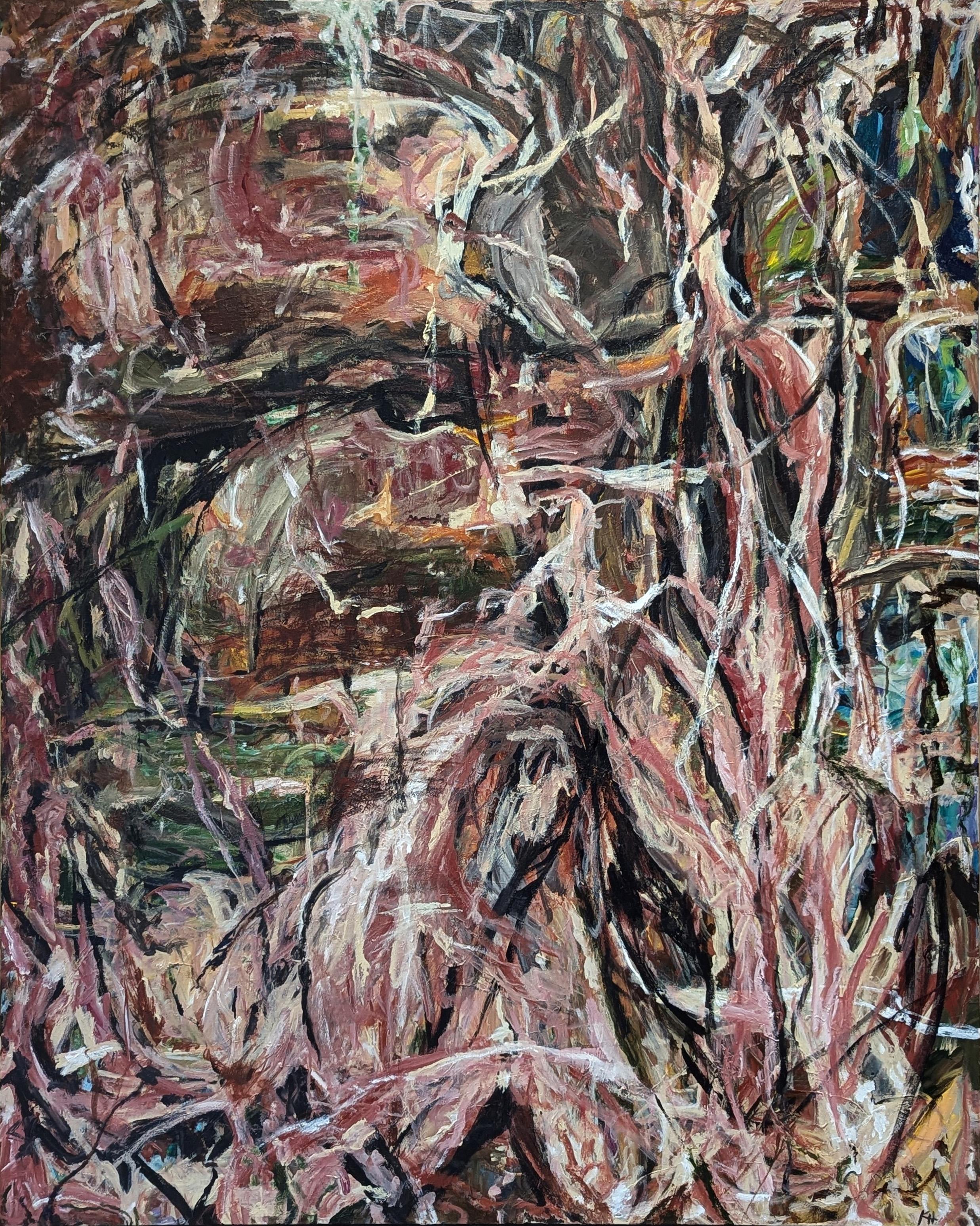 Abstract Painting di Kristi Haines Herman - "Barricata a lutto" Pittura astratta contemporanea gestuale rossa, blu e verde