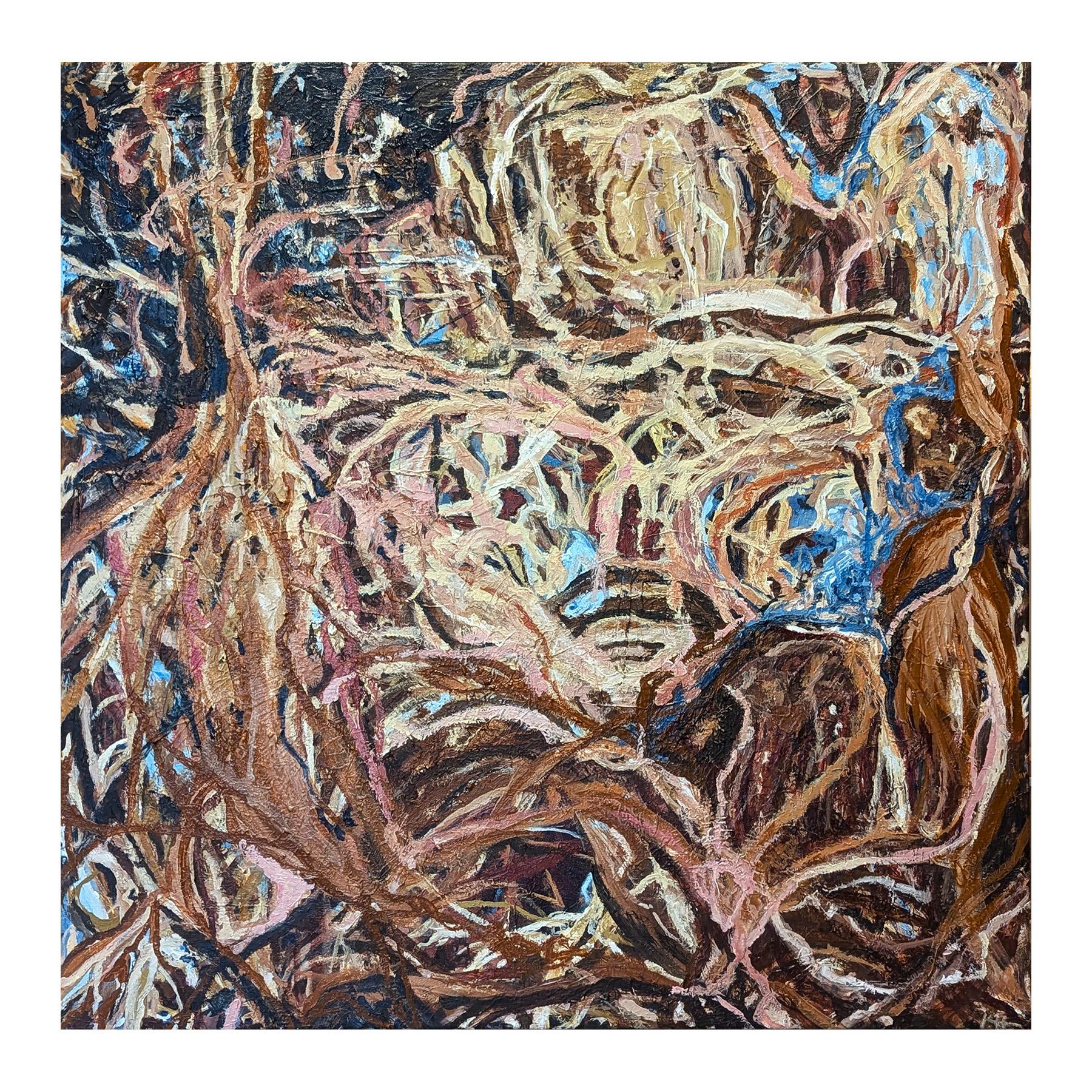Silent Lament Zeitgenössische gestische blaue, braune und hellbraune abstrakte Malerei – Painting von Kristi Haines Herman