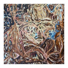 “Silent Lament” Contemporary Gestural Blue, Brown, & Tan Abstract Painting