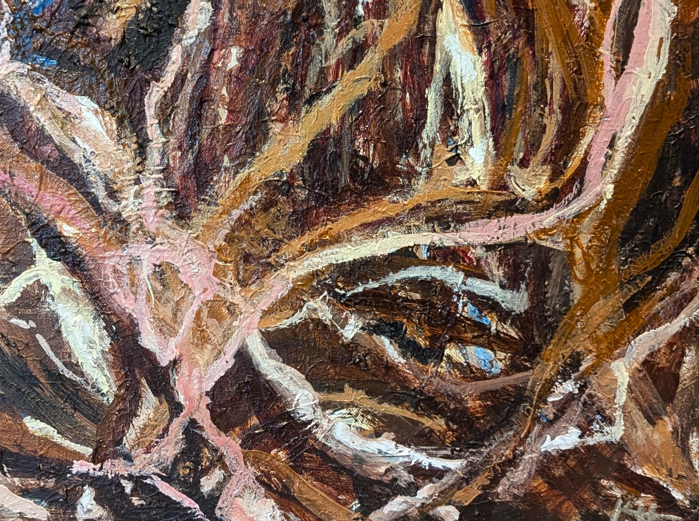 Zeitgenössische blaue, braune und hellbraune gestische abstrakte expressionistische Malerei der in Houston lebenden Künstlerin Kristi Haines Herman. Das Werk zeigt Schichten von wirbelnden Pinselstrichen in verschiedenen neutralen Tönen. Rückseitig