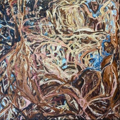 Lamentation silencieuse Peinture abstraite contemporaine gestuelle bleue, Brown et Tan